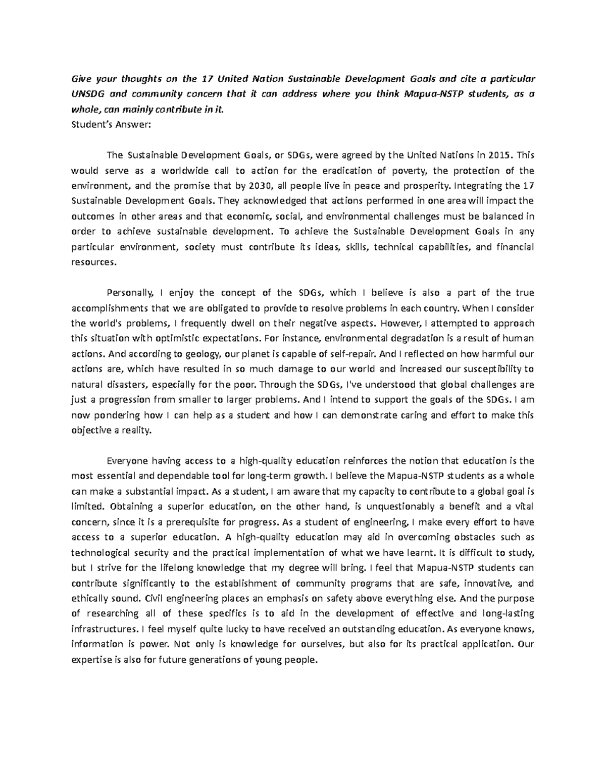 CWTS103 Term End Essay Part 1 - Give your thoughts on the 17 United ...