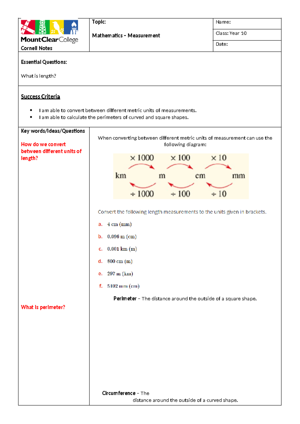 What is Length Lesson Notes - Cornell Notes Topic: Mathematics ...