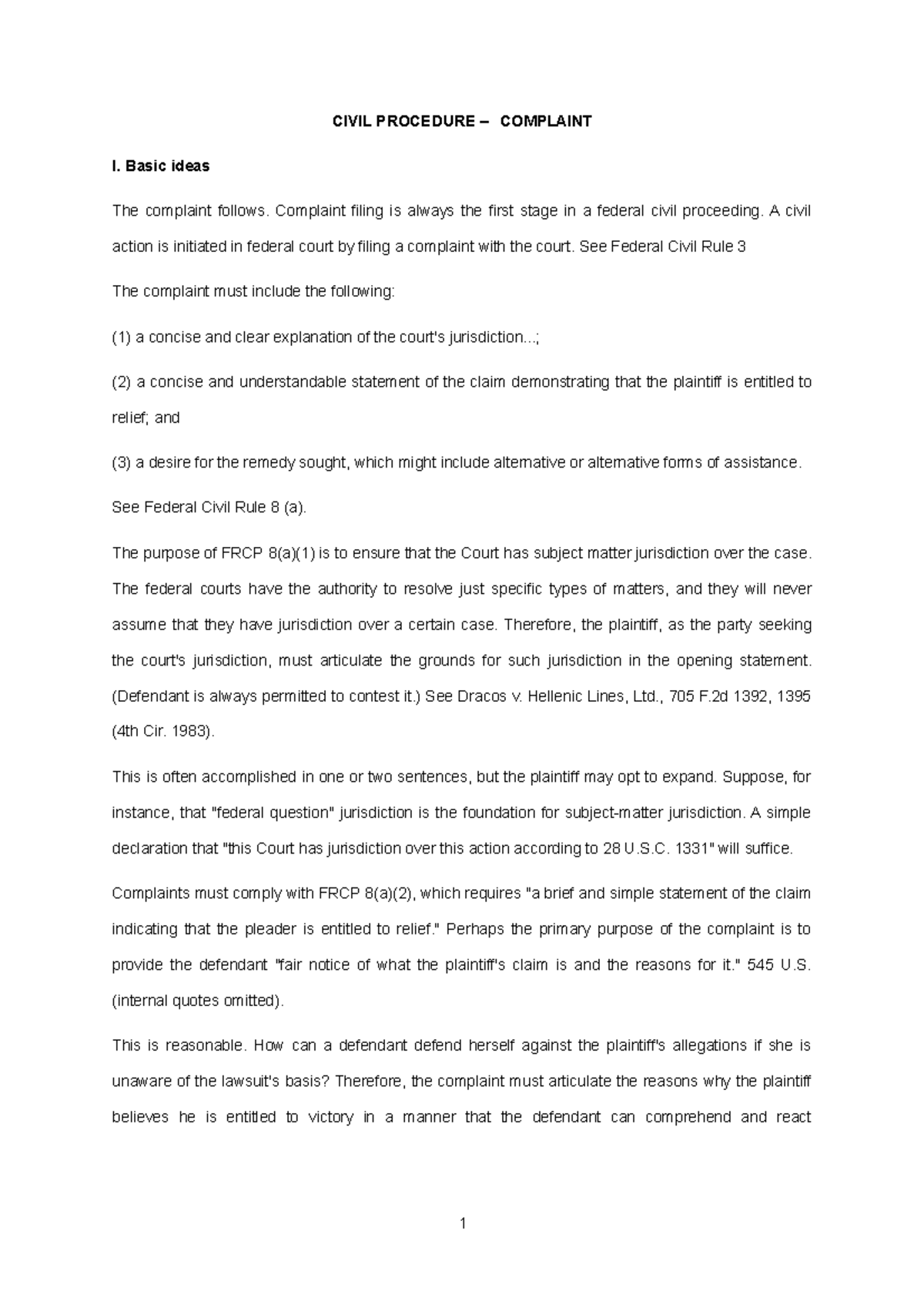 SUMMARY / OUTLINE - Civil Procedure Complaint summary and class notes ...