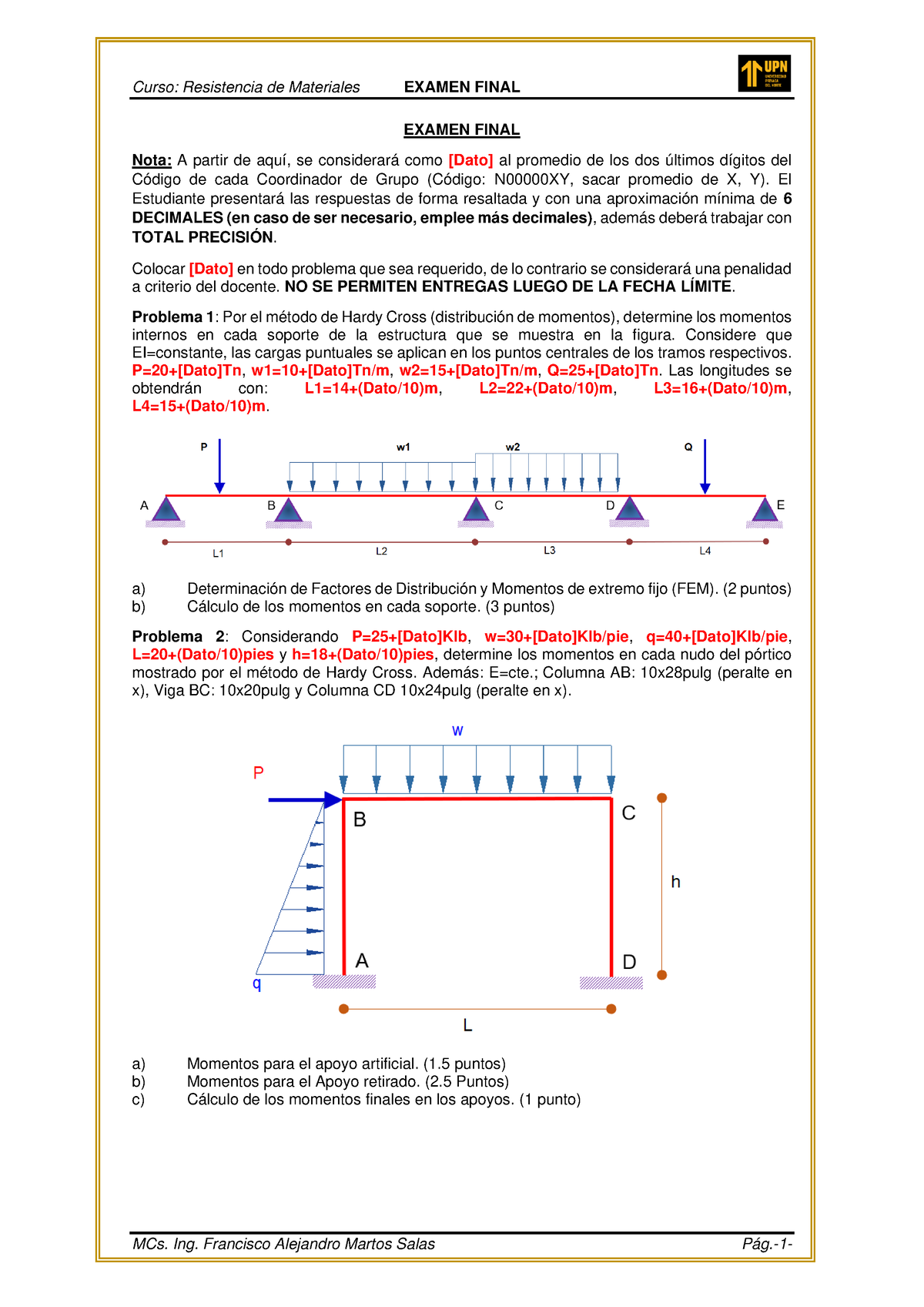 Examen Final Resistencia - Curso: Resistencia De Materiales EXAMEN ...