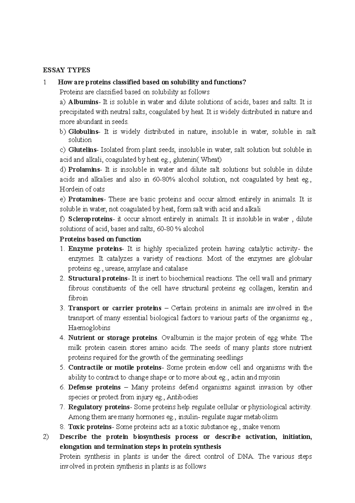 Sem 01 Pharmacy Unit 3 Protein Essay types Questions and Answers