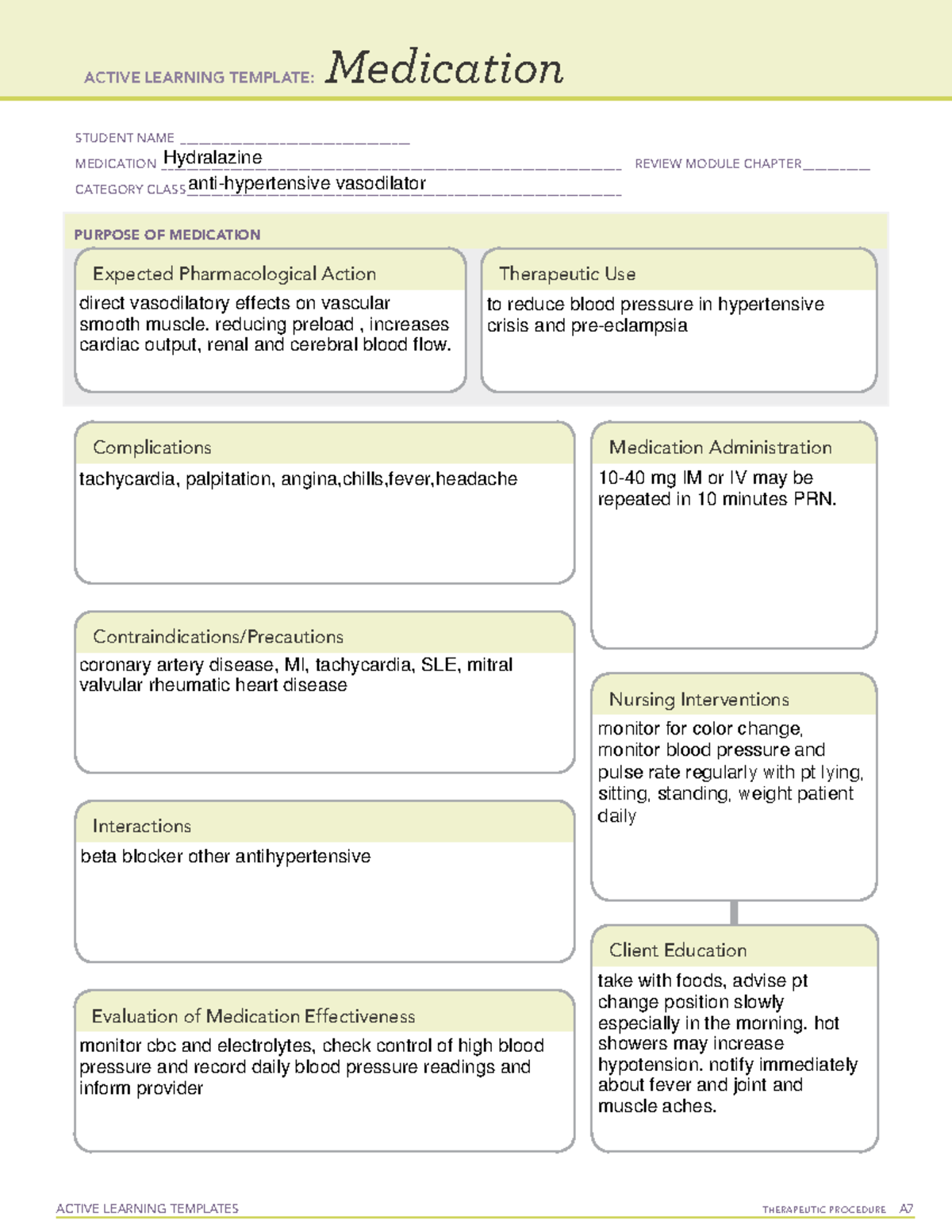 Hydralazine - Review notes and answers for quiz 1 NURS 306. Notes for ...