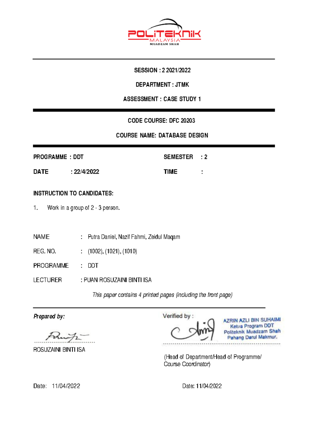 Case Study 1 BH - SESSION : 2 2021/ DEPARTMENT : JTMK ASSESSMENT : CASE ...