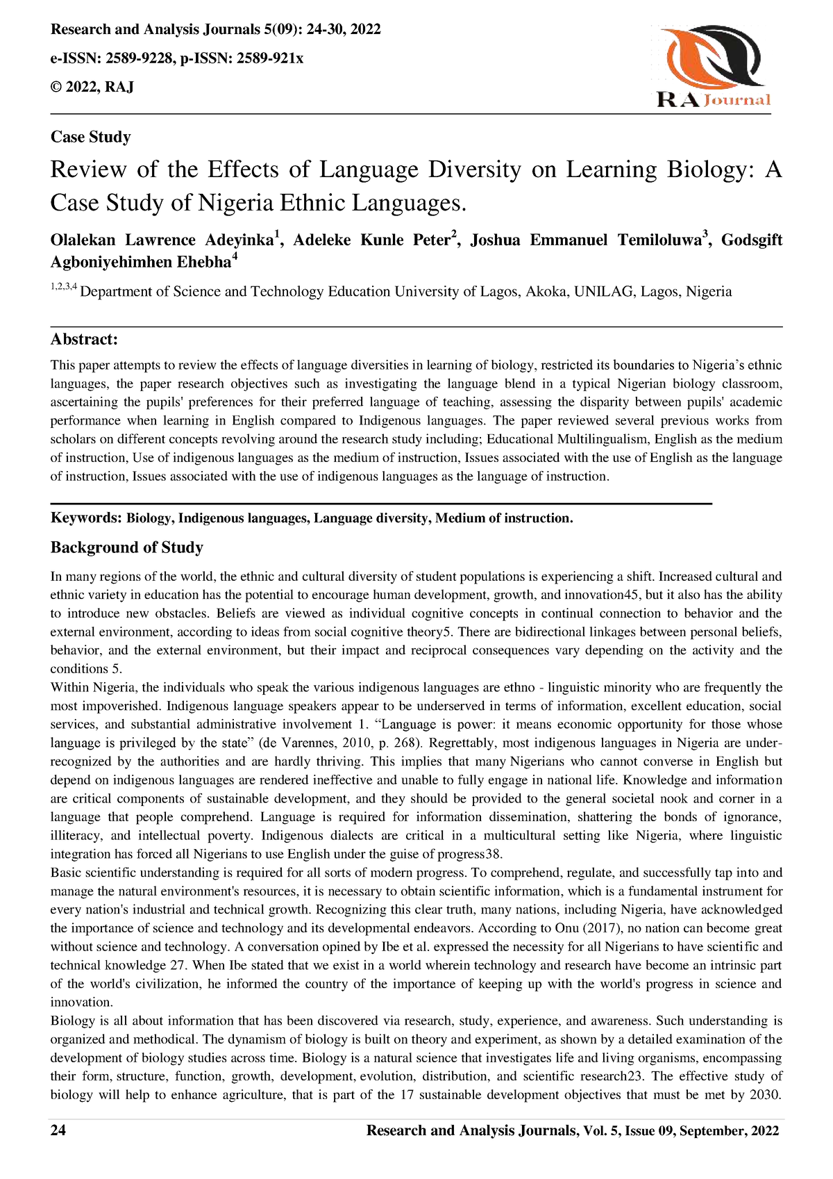 Review of the Effects of Language Diversity on Learning Biology ...