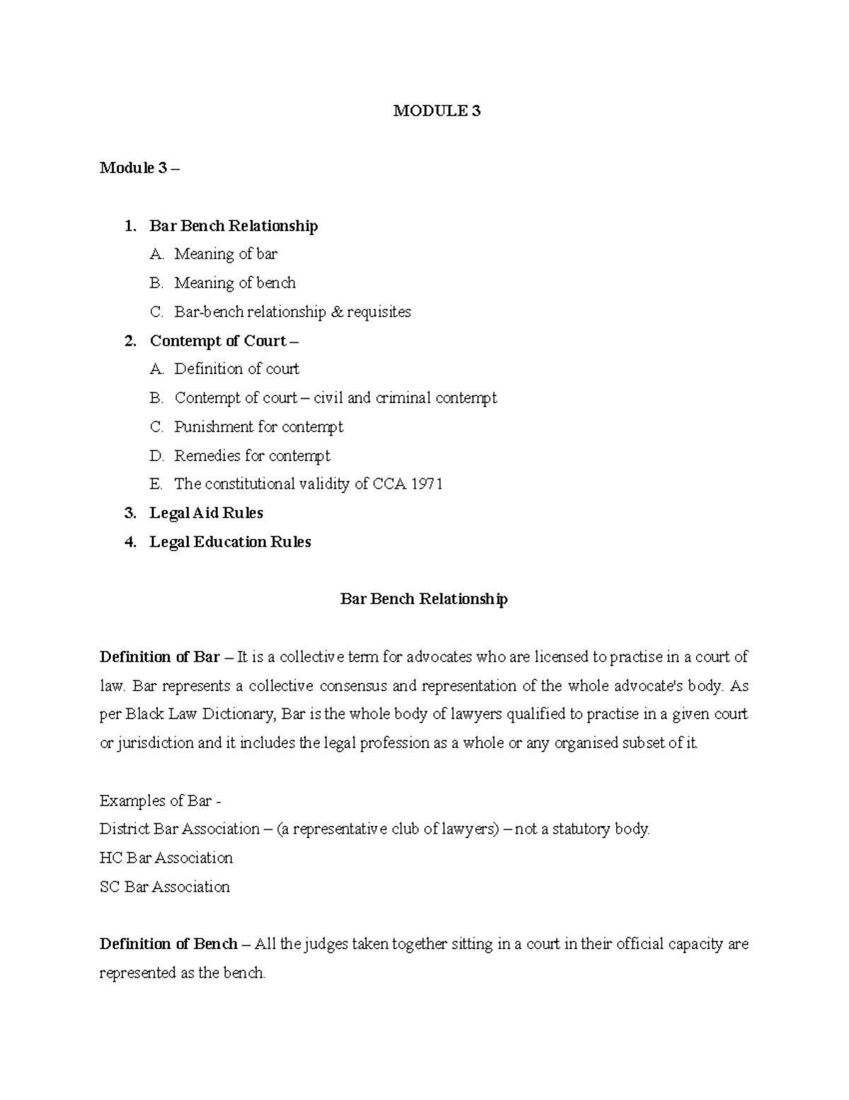 MOD345 Notes MODULE 3 Module 3 1. Bar Bench Relationship A
