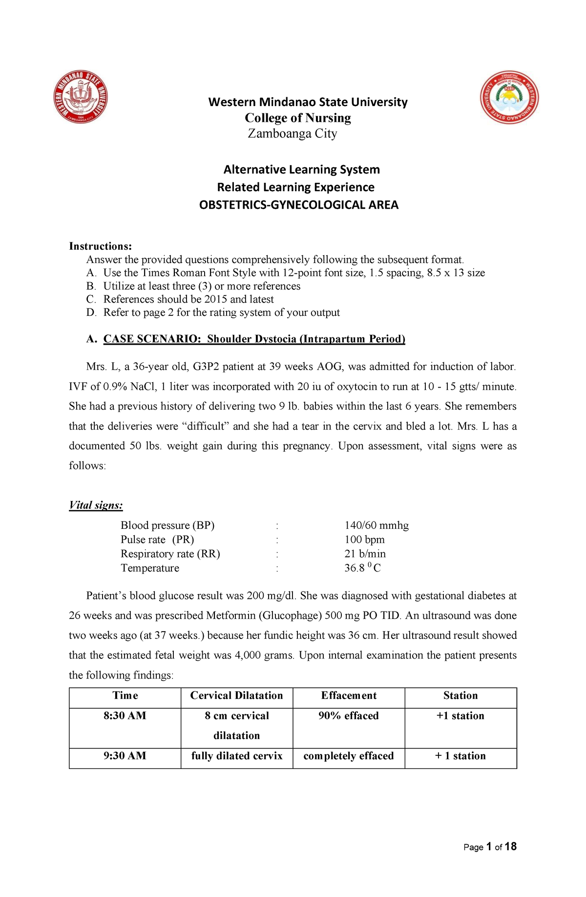 Intrapartum Case Study Shoulder Dystocia Nursing Wmsu Studocu