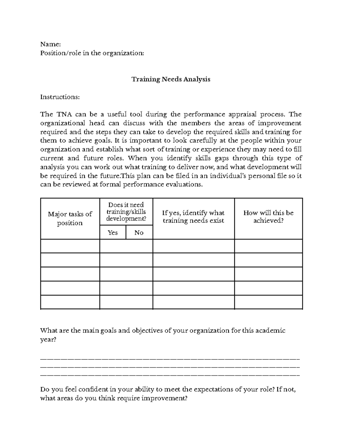 TND TNA - Name: Position/role in the organization: Training Needs ...