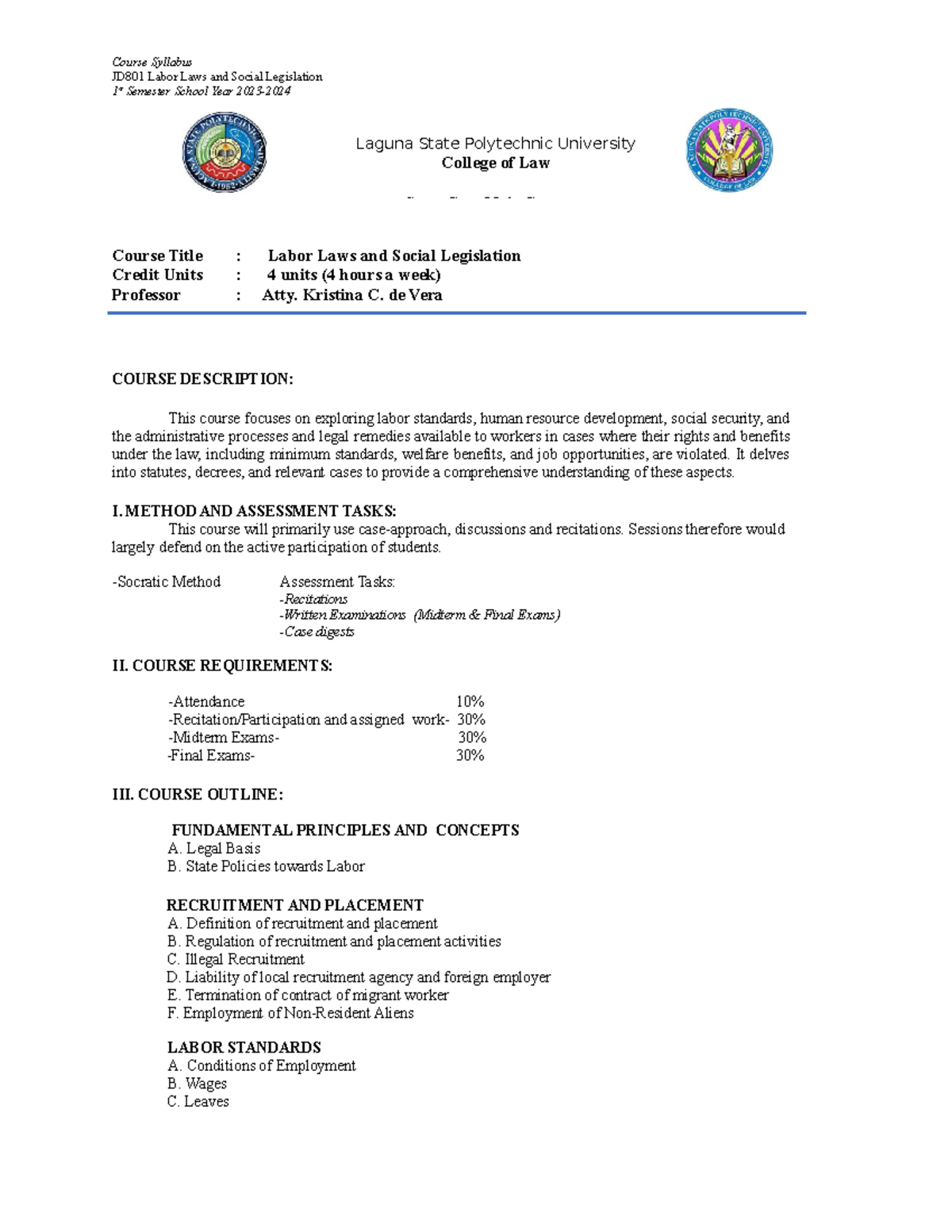 Course Syllabus (Labor Laws and Social Legislation) Kristina C. de
