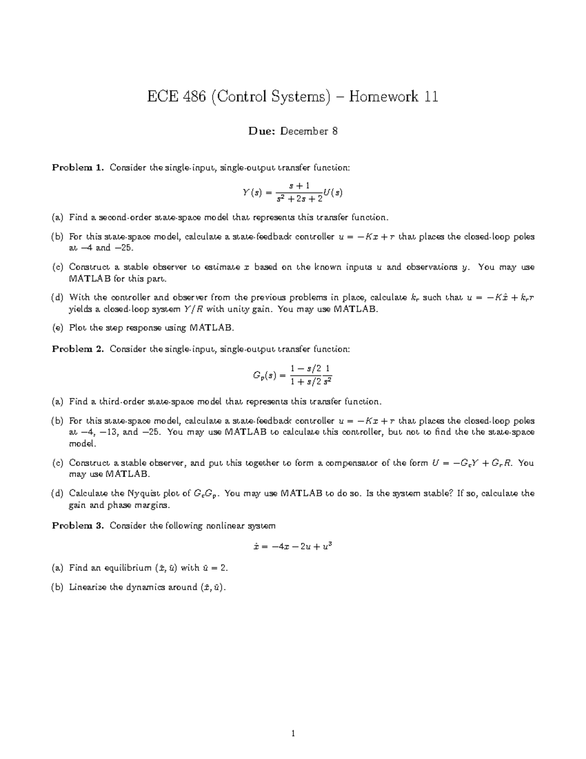 ECE486 HW 11 - Fall 2021 Homework 11 - ECE 486 (Control Systems ...