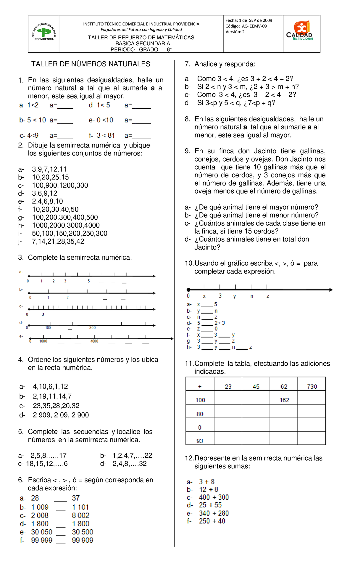 Taller DE Números Naturales I Periodo - INSTITUTO TÉCNICO COMERCIAL E ...