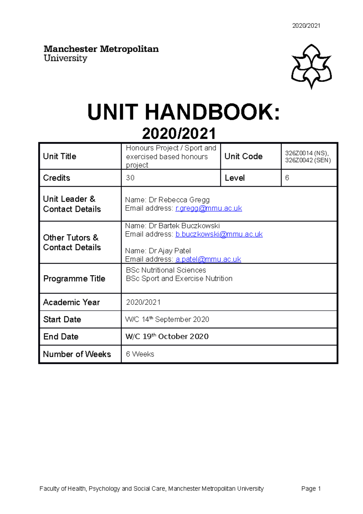Unit handbook - Honours project L6 - UNIT HANDBOOK: 2020/ Unit Title ...