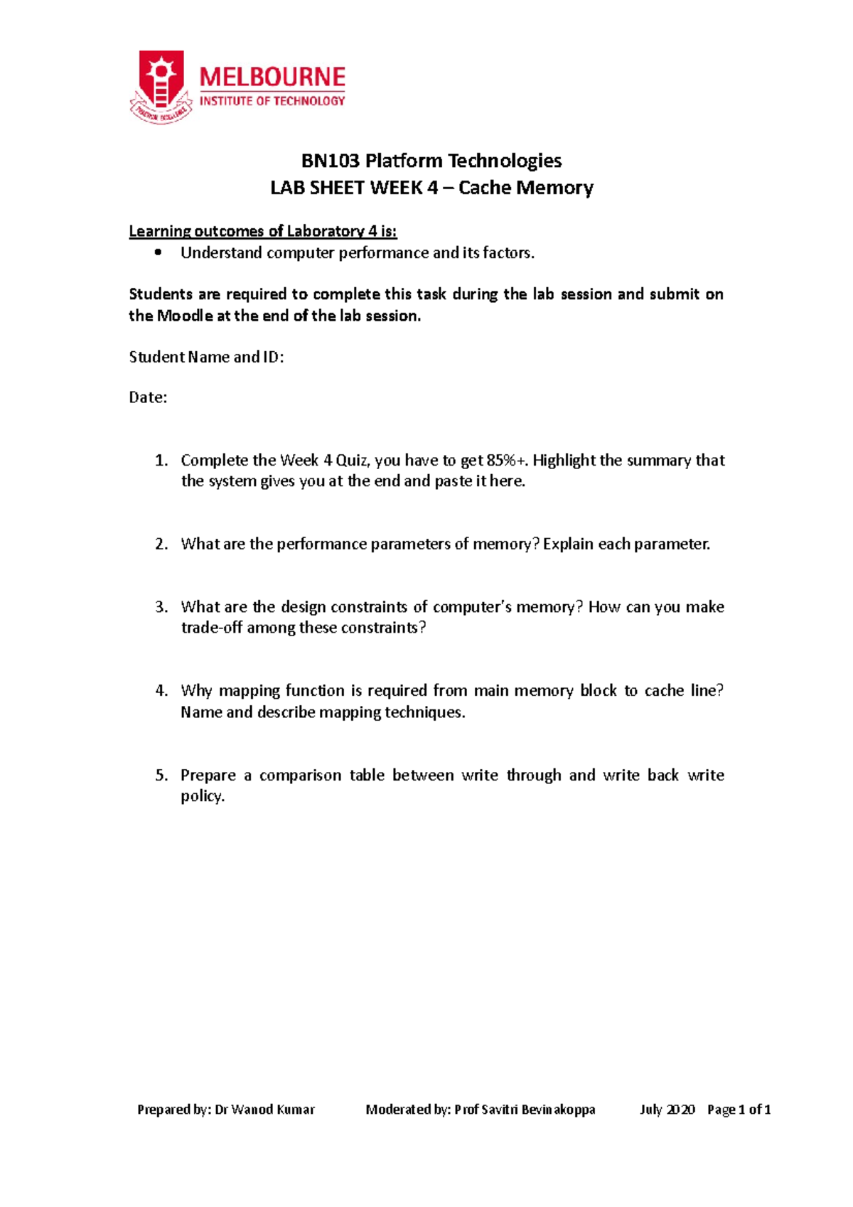 Lab 4 Cache Memory this contains questions of lab report LAB SHEET WEEK 4 Cache