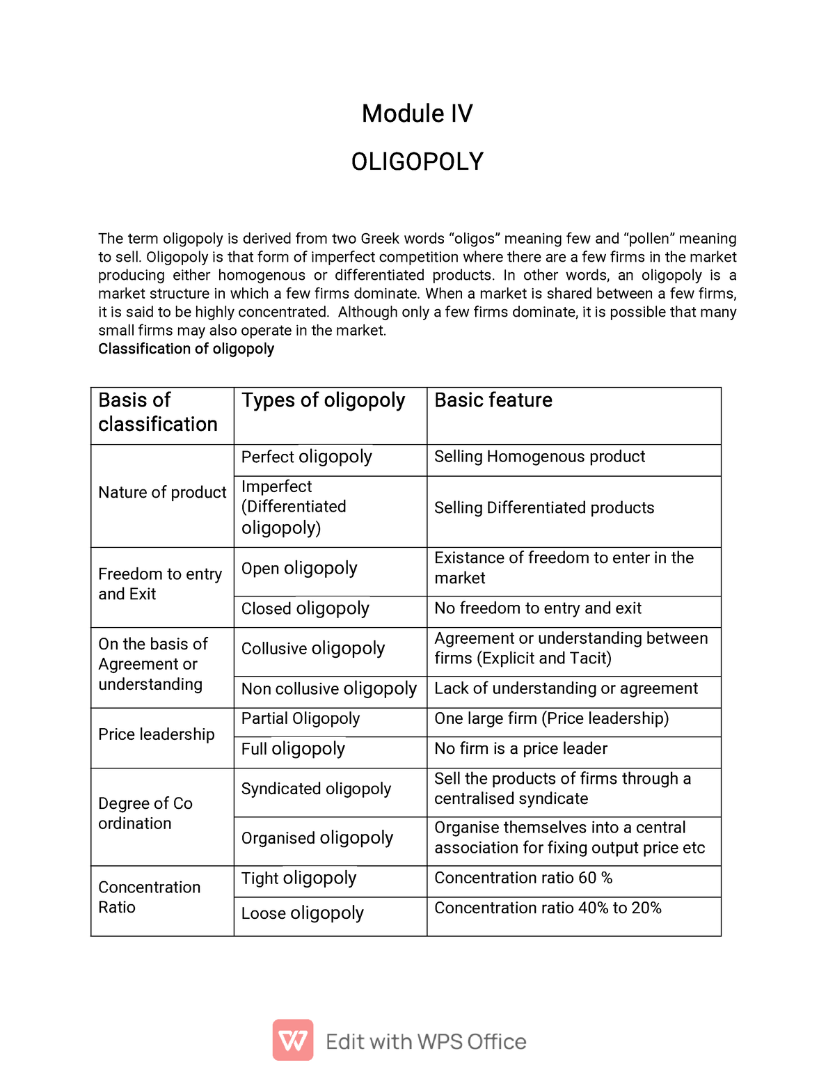 Module Iv Oligopoly M O D U L E I V O L I G O P O L Y The Term Oligopoly Is Derived From Two 4201