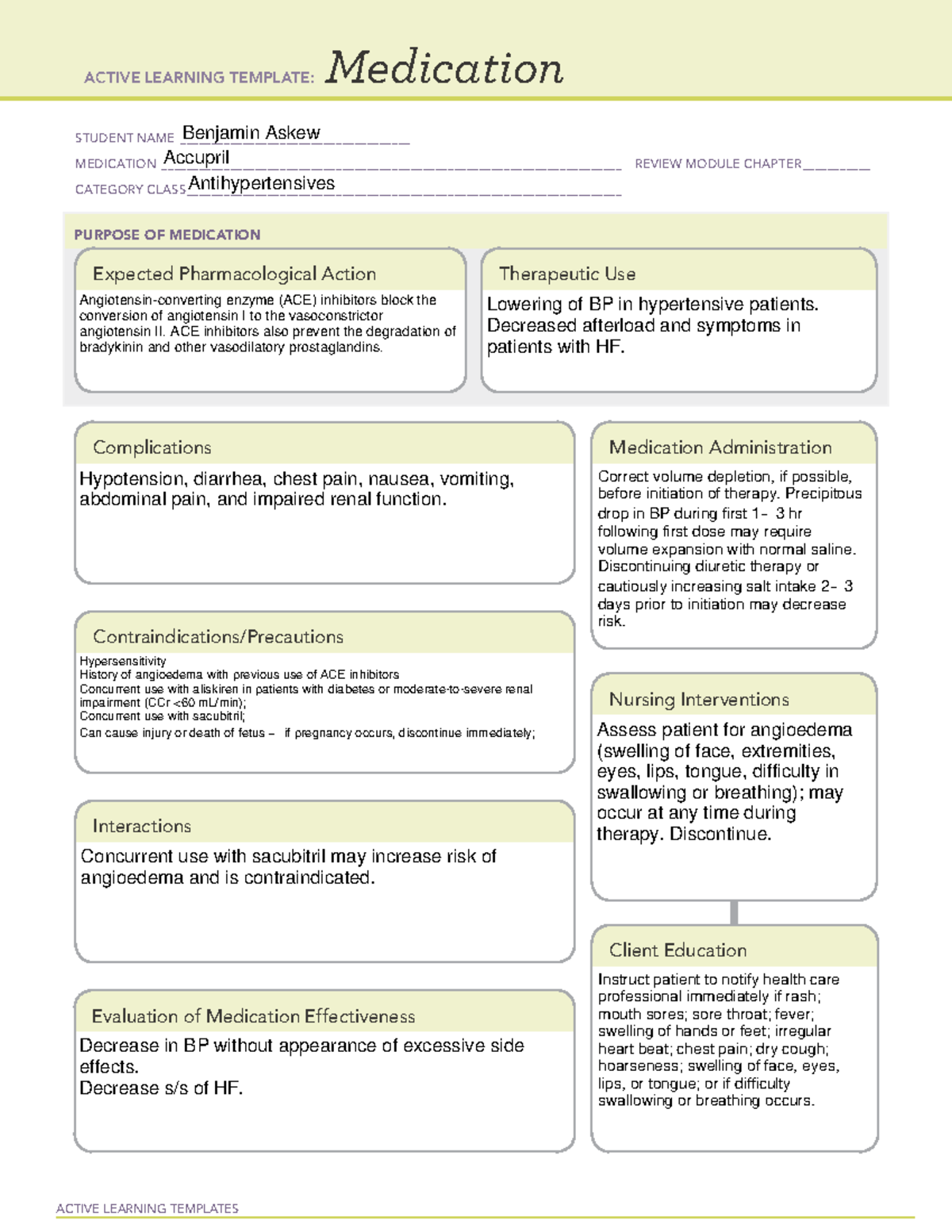 Accupril Med Template Unit 2 - ACTIVE LEARNING TEMPLATES Medication ...