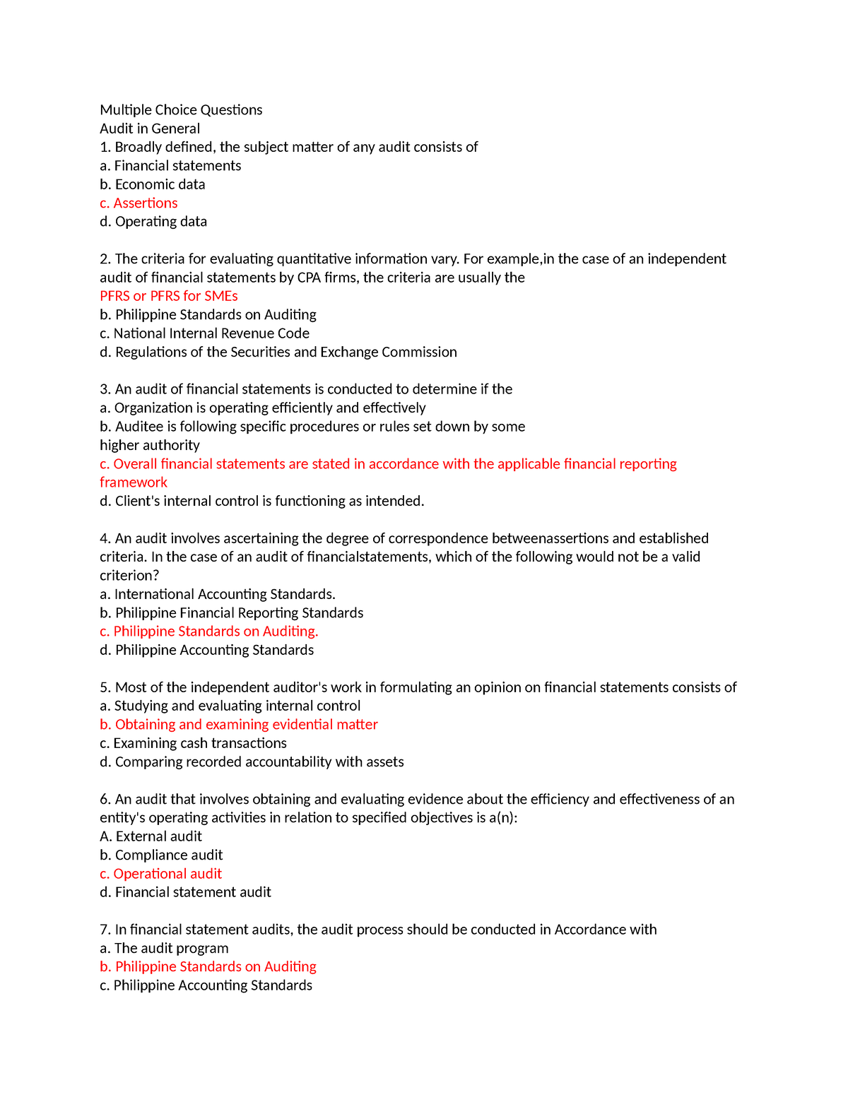 Auditing Chapter 1 6 - Audit Notes - Multiple Choice Questions Audit In ...