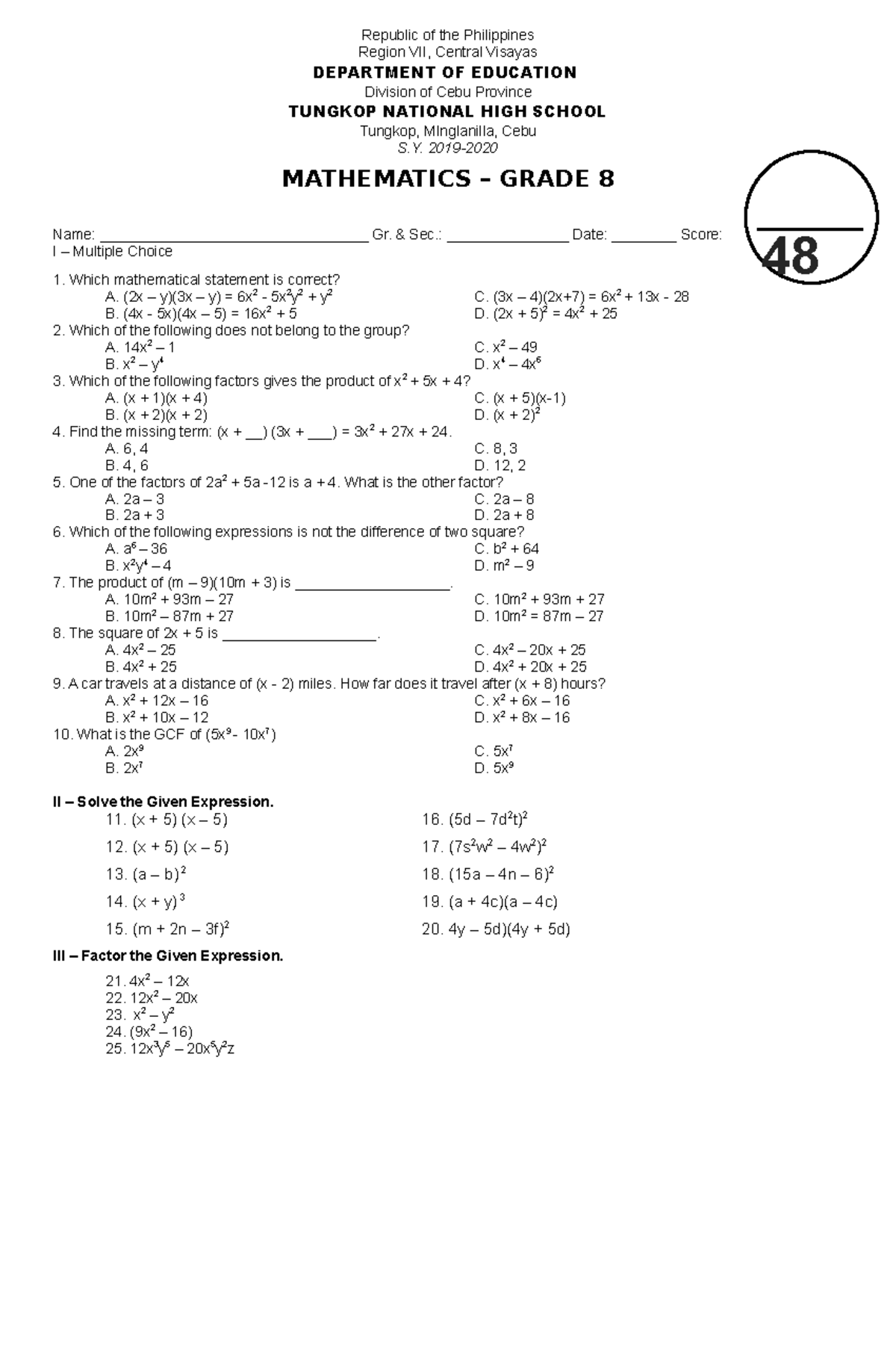 F IRST p Eriodical t EST MATH 2019 2020 - Republic of the Philippines ...