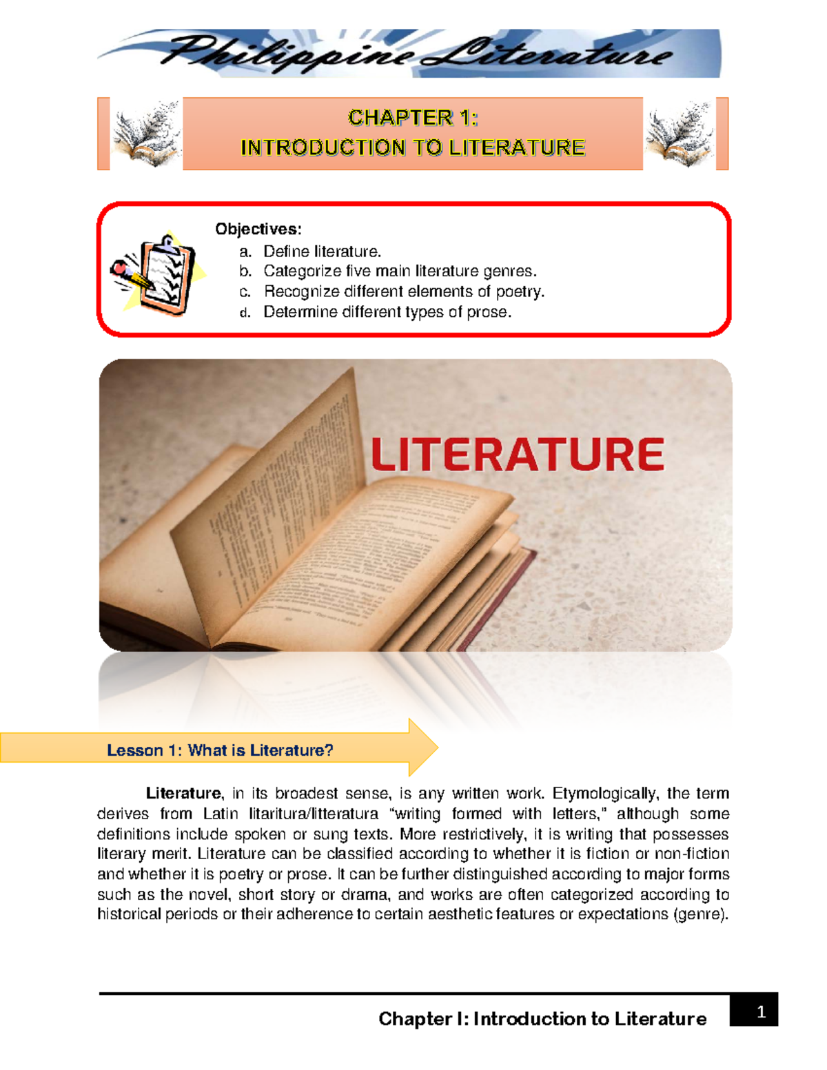 Chapter I - Introduction TO Literature - Literature , In Its Broadest ...