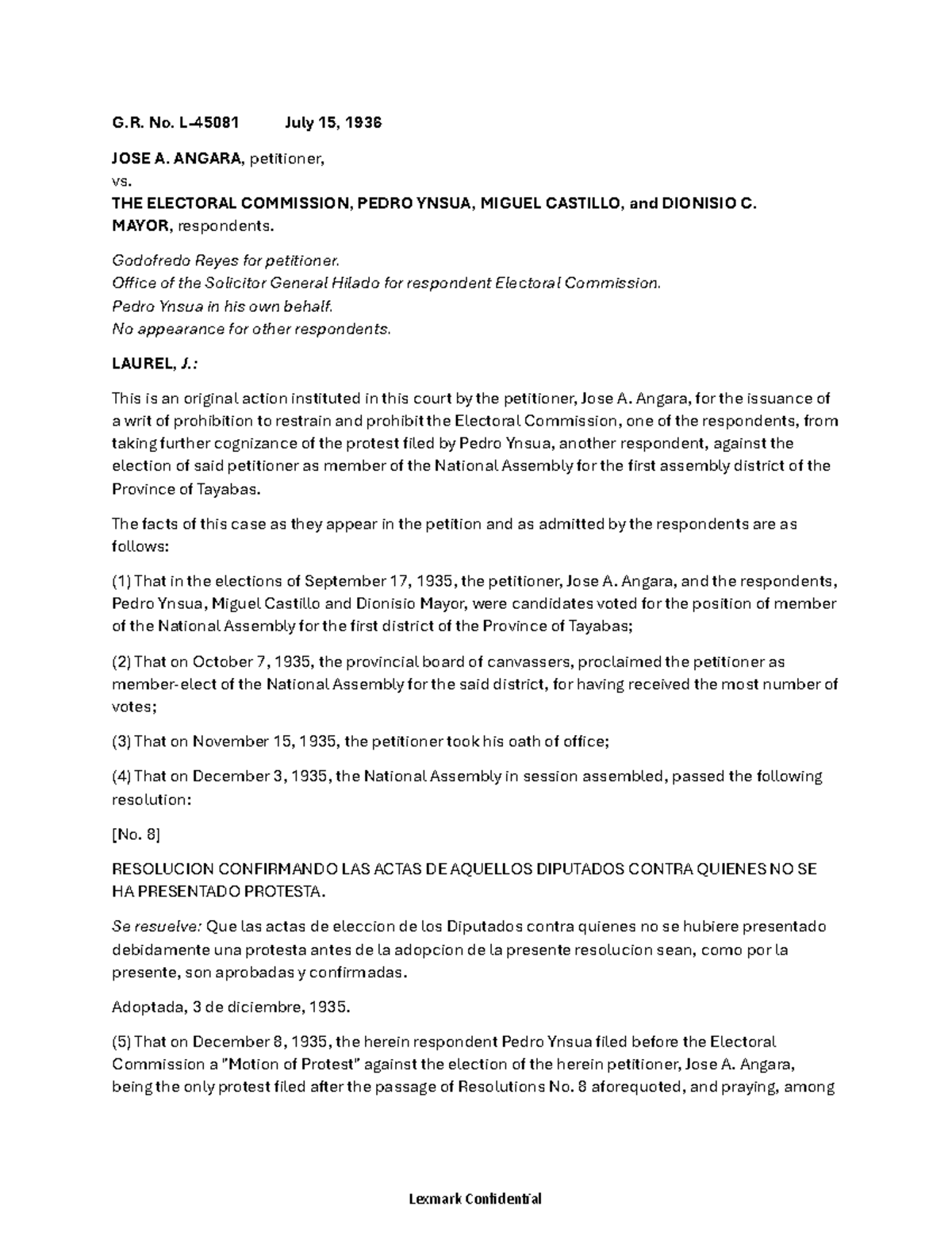 4 Angara vs Electoral Commission, 63 Phil 136 - G. No. L- 45081 July 15 ...