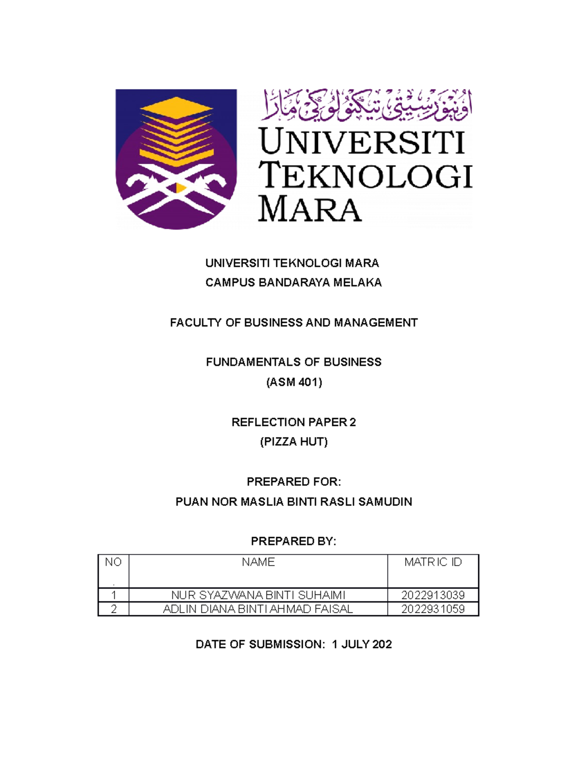 Reflective paper 2 ASM401 - UNIVERSITI TEKNOLOGI MARA CAMPUS BANDARAYA ...