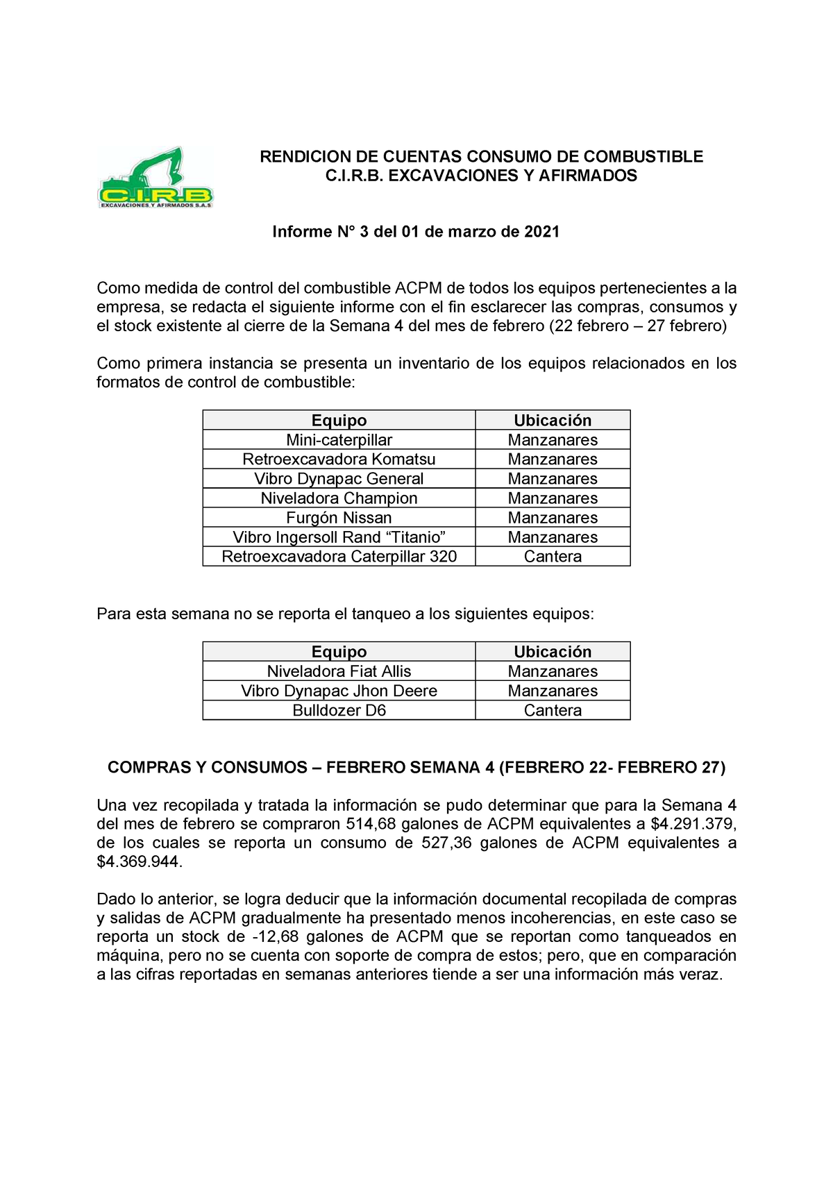 Informe N°3 - Control de combustibles Excavaciones - RENDICION DE CUENTAS  CONSUMO DE COMBUSTIBLE - Studocu
