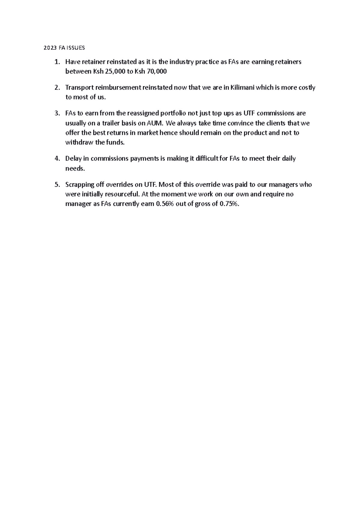 2023 FA Issues - A test - 2023 FA ISSUES 1. Have retainer reinstated as ...