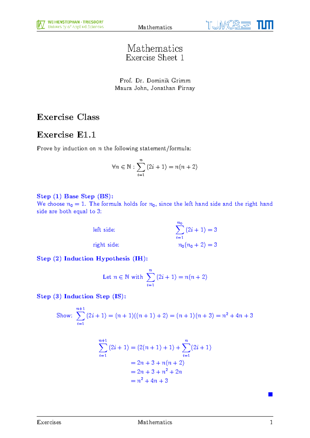 01 Solution Math - Mathematics Exercise Sheet 1 Prof. Dr. Dominik Grimm ...
