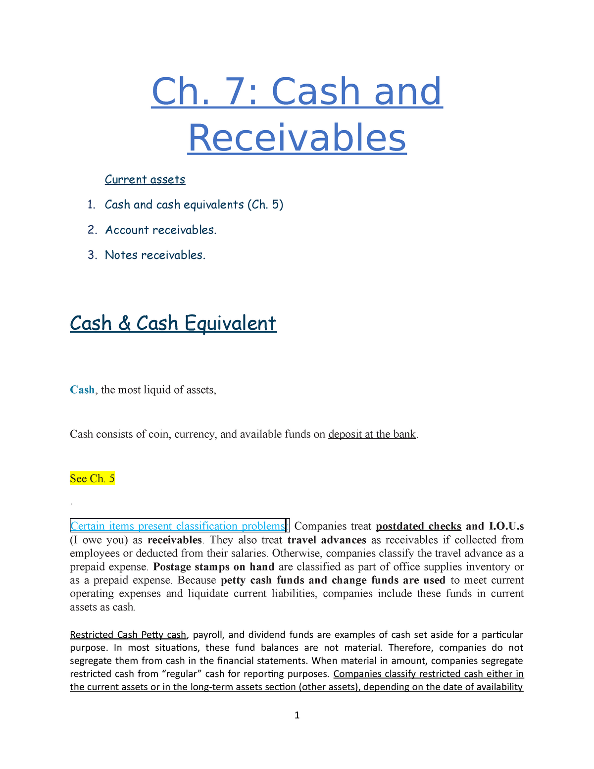 Ch. 7 Summary - Intermediate Accounting 1 - Ch. 7: Cash And Receivables ...