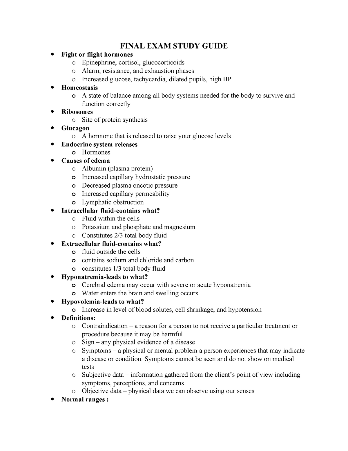 Patho Final Exam Study Guide - FINAL EXAM STUDY GUIDE Fight Or Flight ...