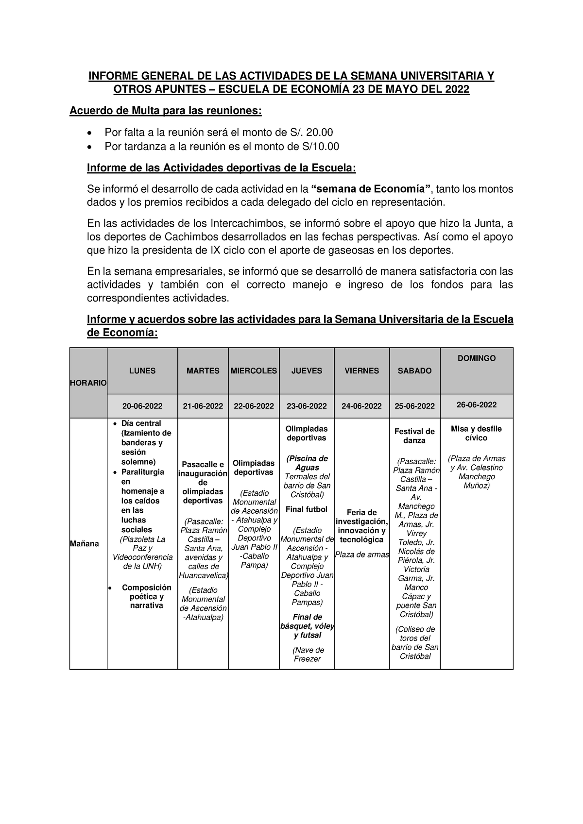 Informe General De La Semana Univertsitaria Y Otros Apuntes Informe