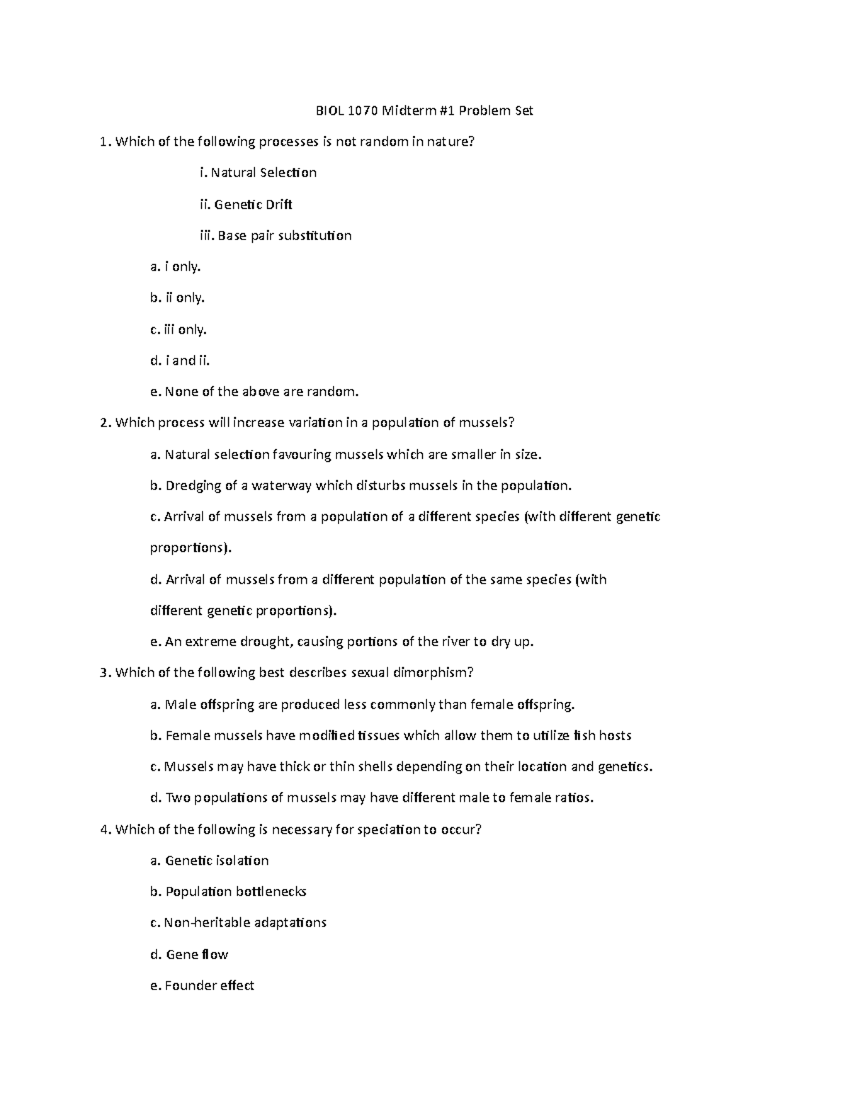 BIOL 1070 Midterm Practice - BIOL 1070 Midterm #1 Problem Set Which Of ...