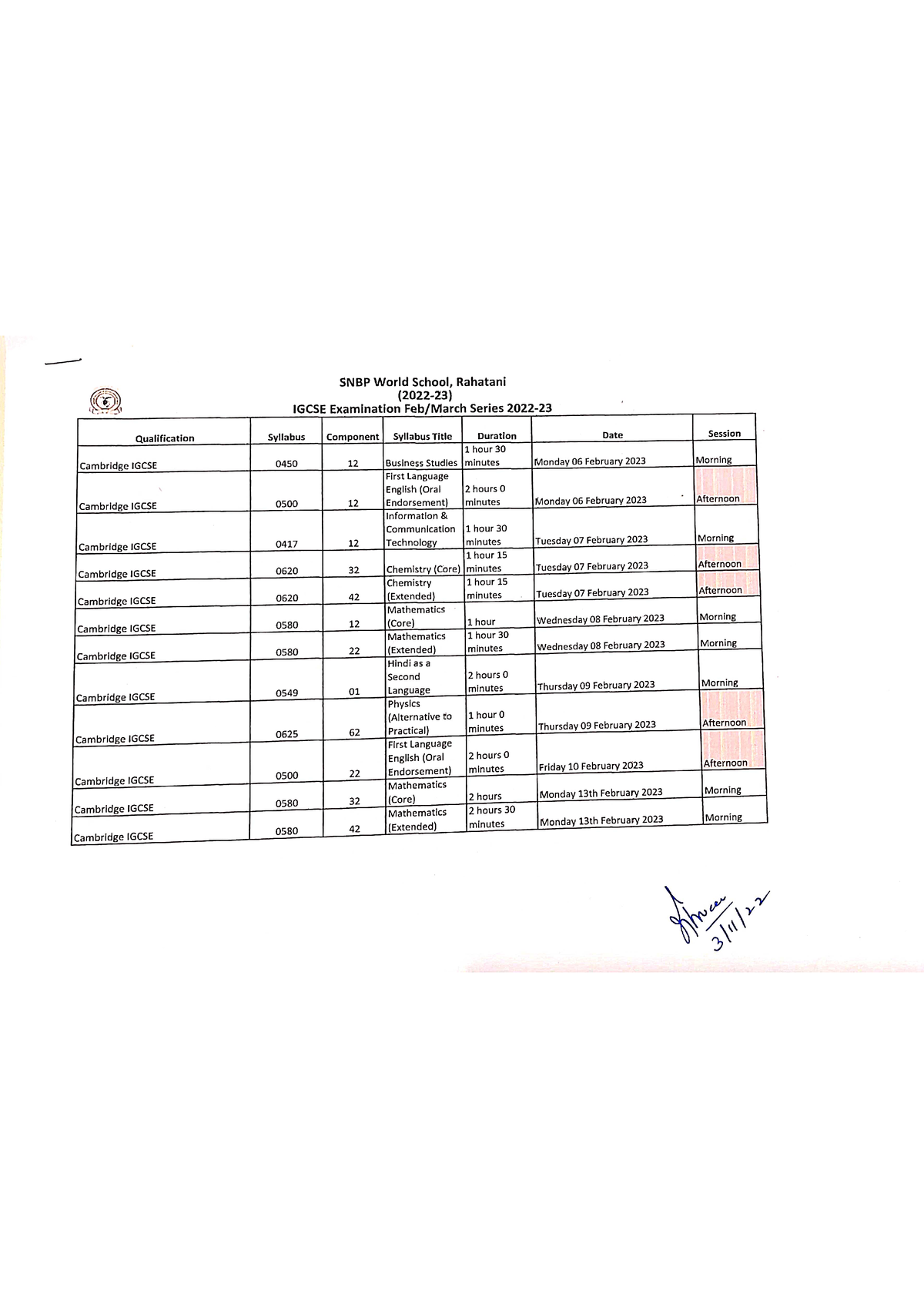 Igcse Feb March series time table 5 Pillars Of The Aws Well