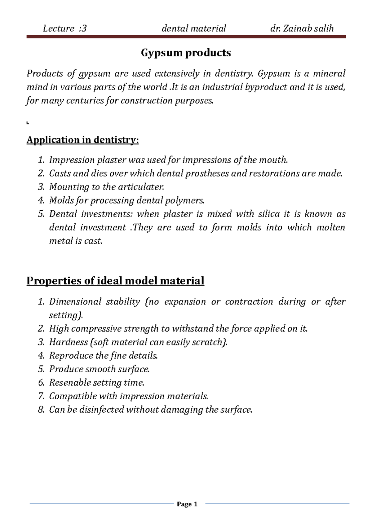 Gypsum products Dr zainab Gypsum products Products of gypsum are used