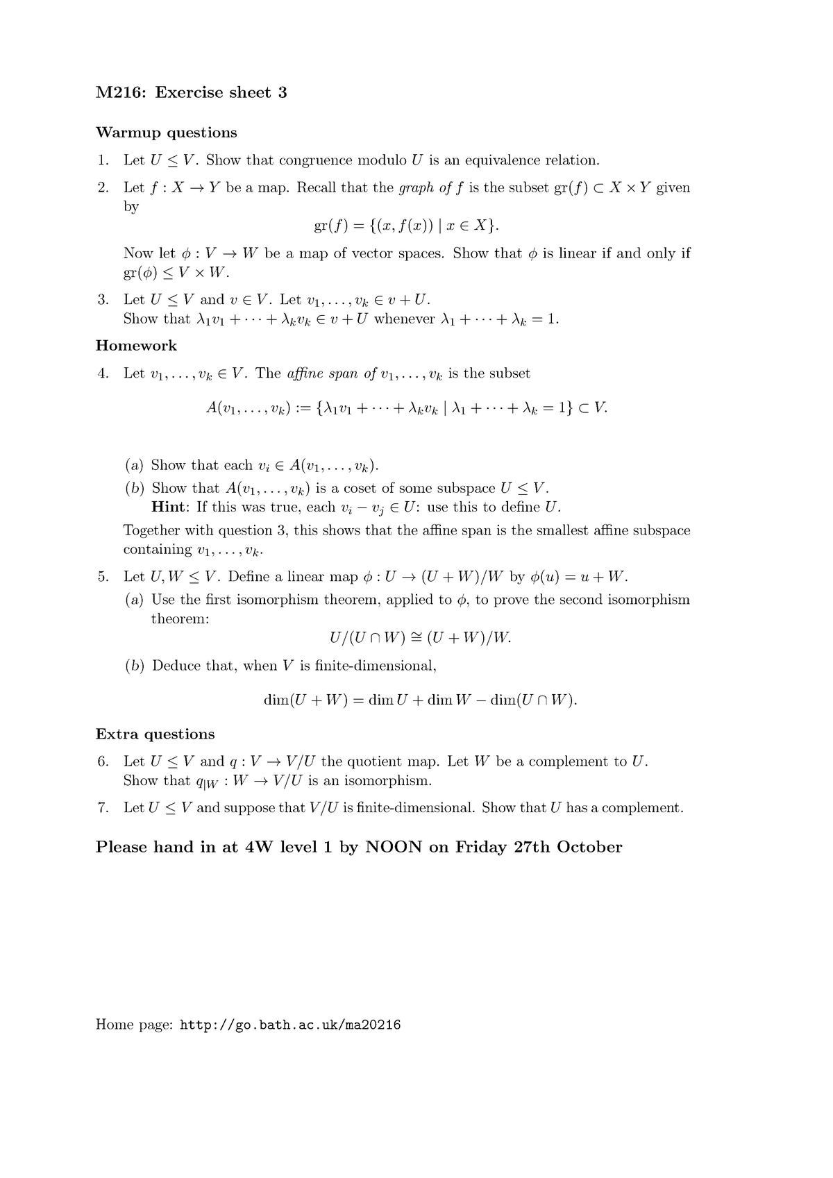 Ma216 17 18 Problem Sheet 3 Algebra 2a Bath Studocu