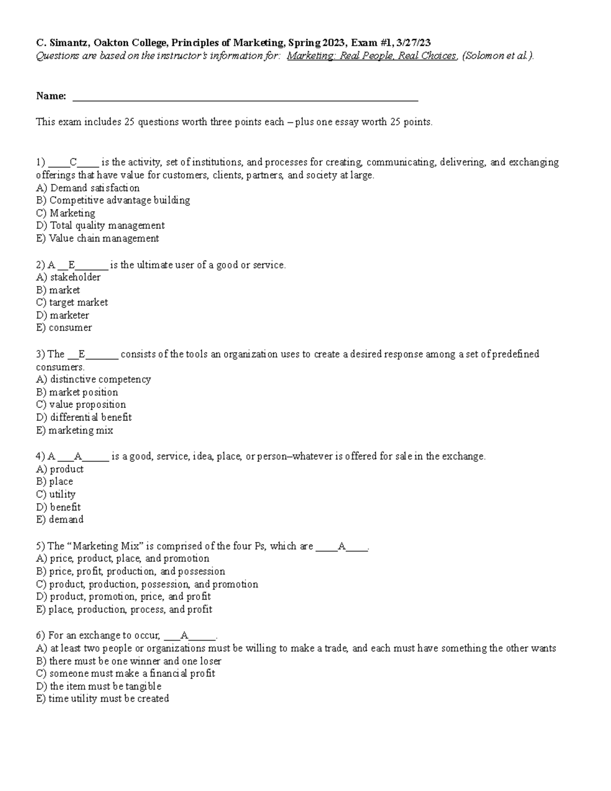 C. Simantz, Oakton College, Principles of Marketing, Spring 2023, Exam