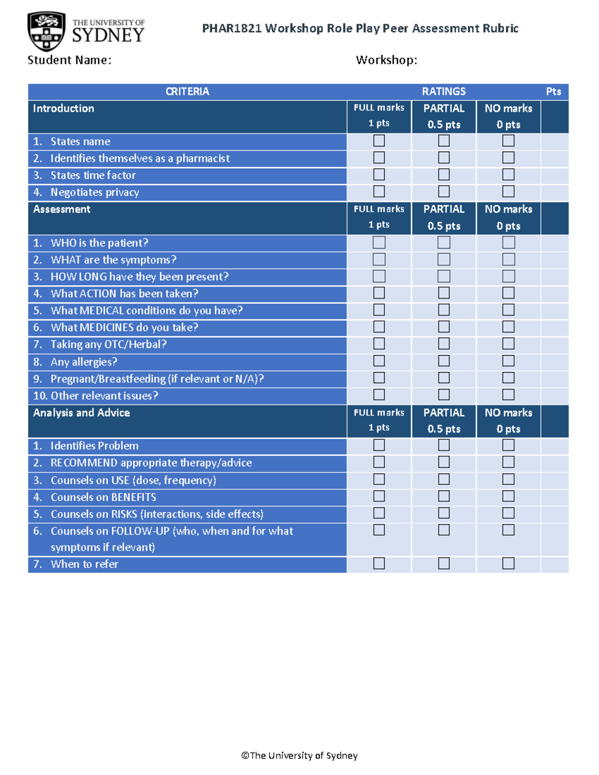 PHAR1821 Workshop Role Play Rubric - ©The University of Sydney PHAR1821 ...