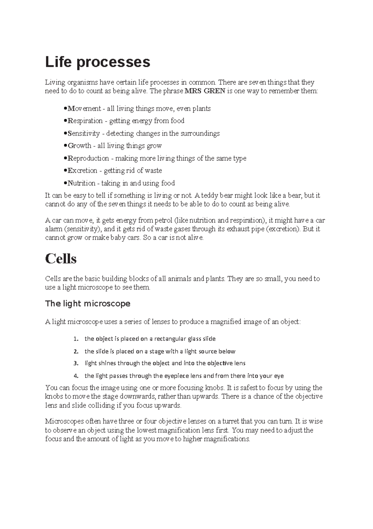Revision Session 1 - Notes - Life processes Living organisms have ...