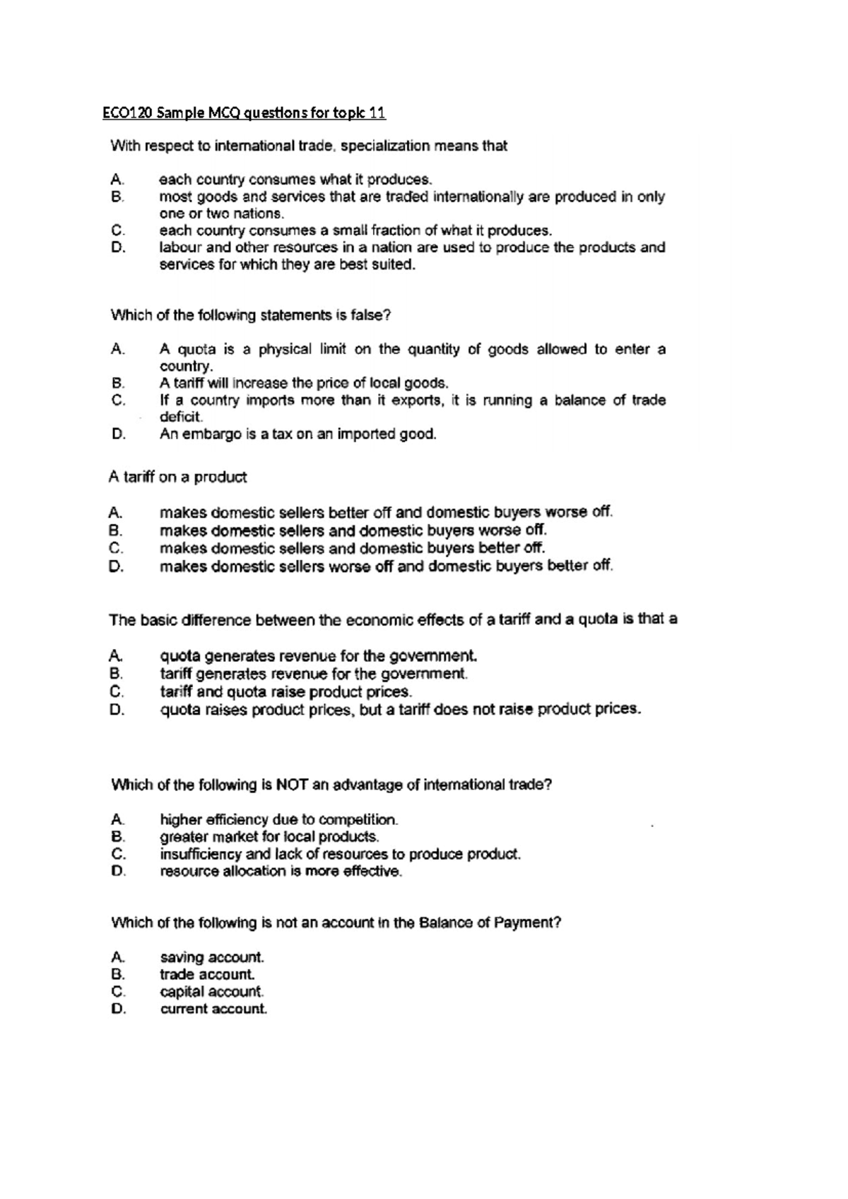 ECO120 Sample MCQ Questions For Topic 11 - Each Country Consumes What ...