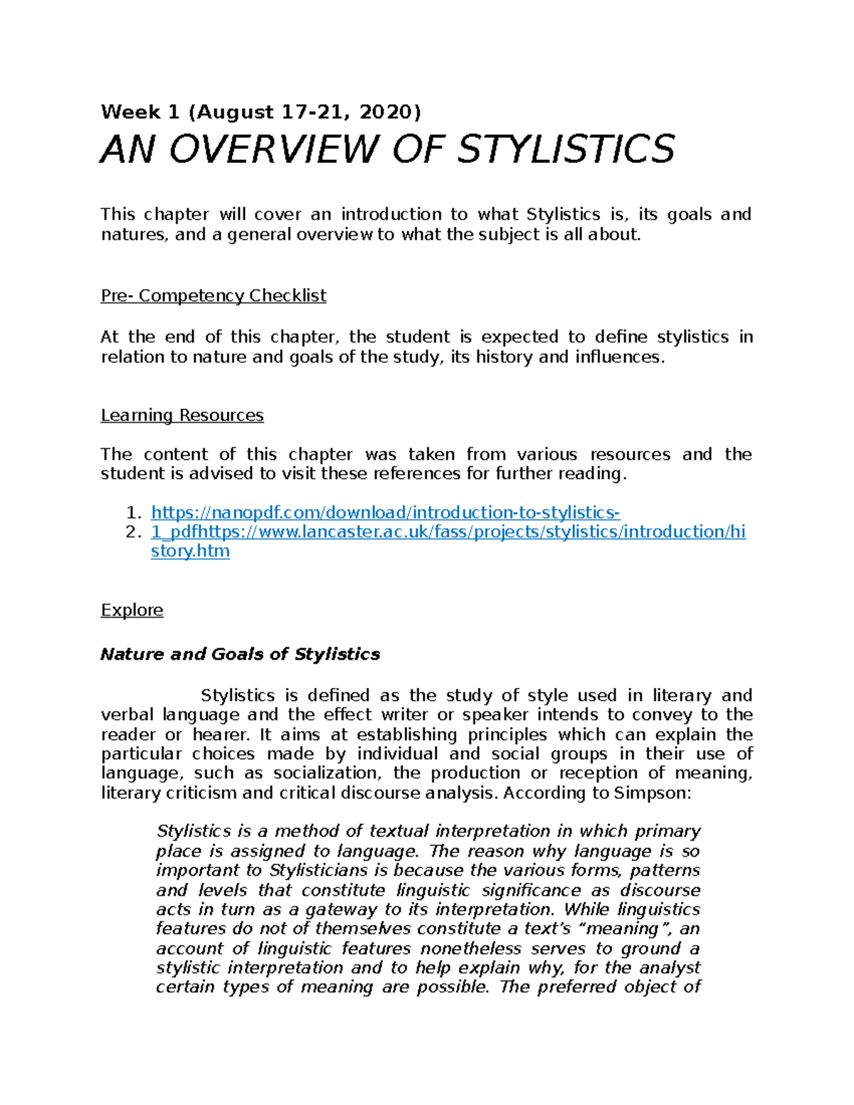 An Overview Of Stylistics Week 1 August 17 21 2020 An Overview Of