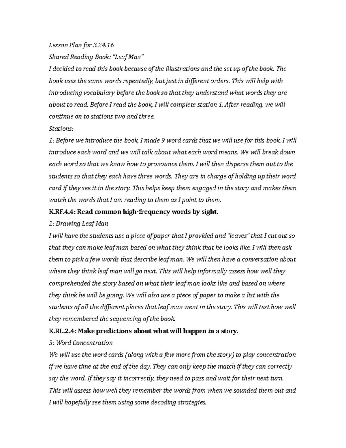 Fourth Lesson Plan Lesson Plan For 3 24 Shared Reading Book Leaf