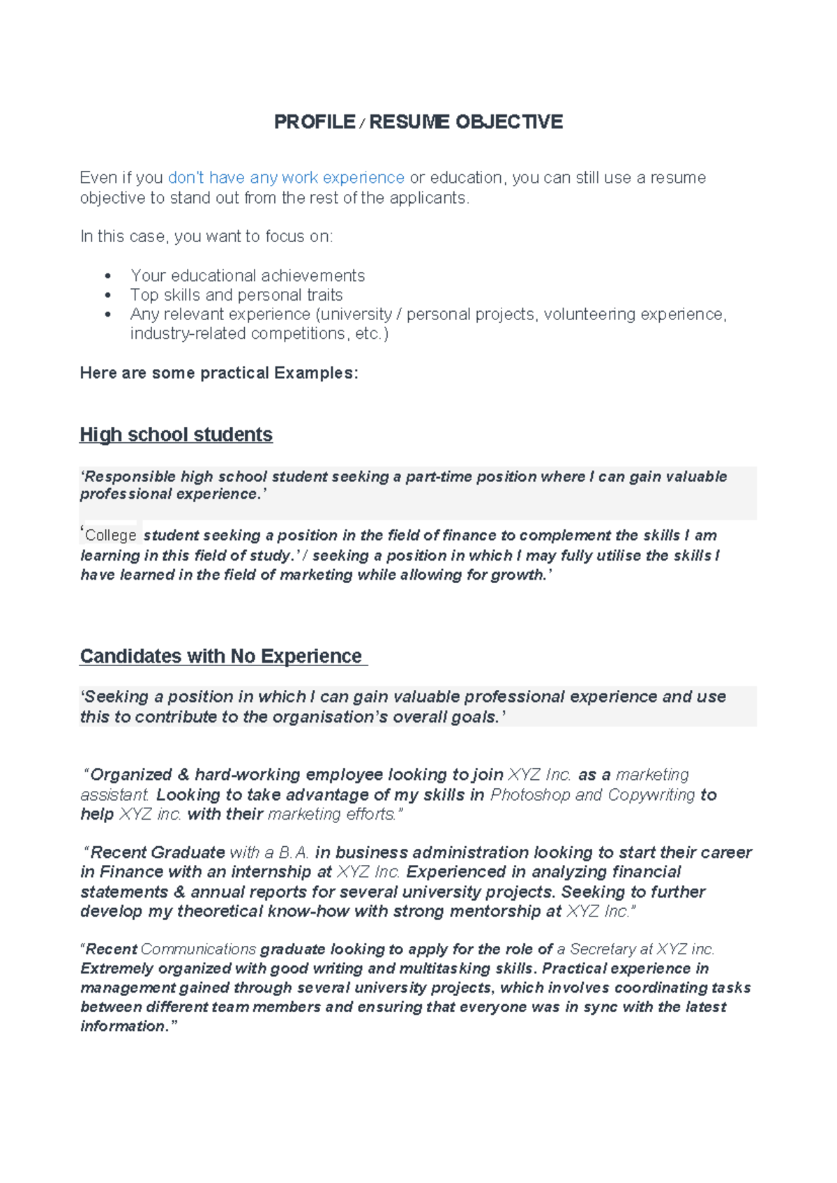 Profile - Resume Objective - PROFILE / RESUME OBJECTIVE Even if you don ...