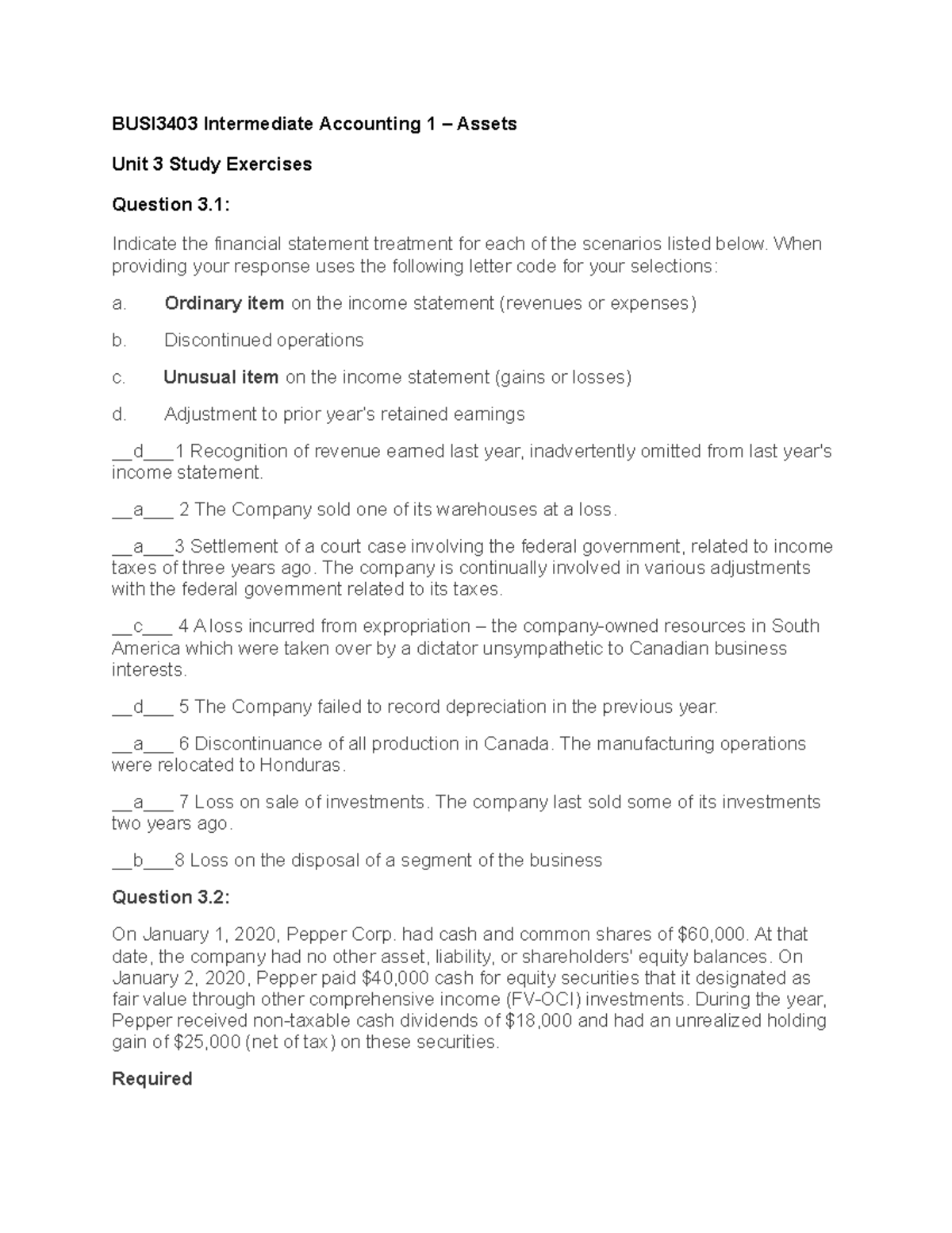 BUSI3403 Intermediate Accounting 1 - Unit 3 Excercises - BUSI1043 ...