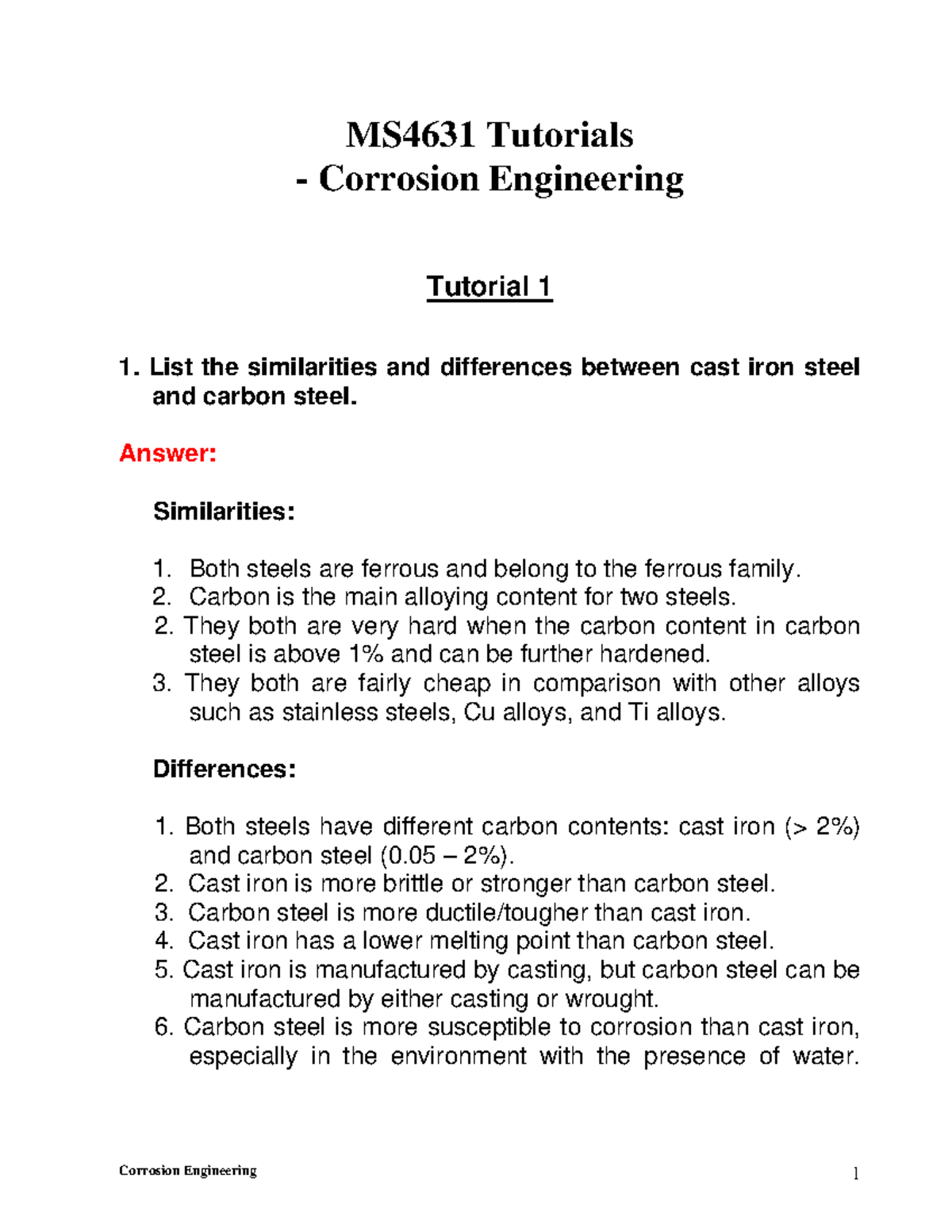 MS4631 Tutorial 1 solutions MS4631 Tutorials Corrosion
