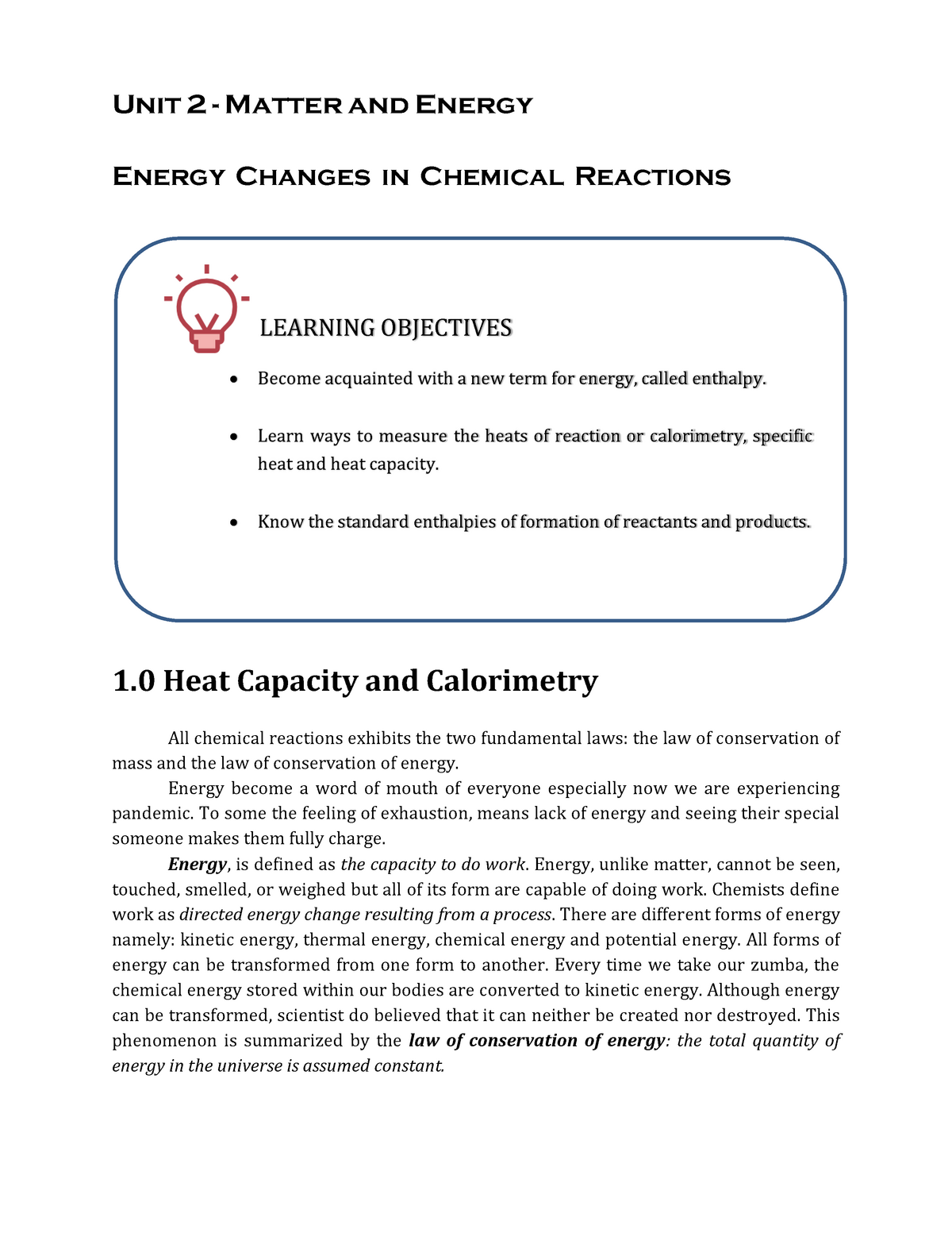 B.1. Heat Capacity And Calorimetry - Unit 2 - Matter And Energy Energy ...