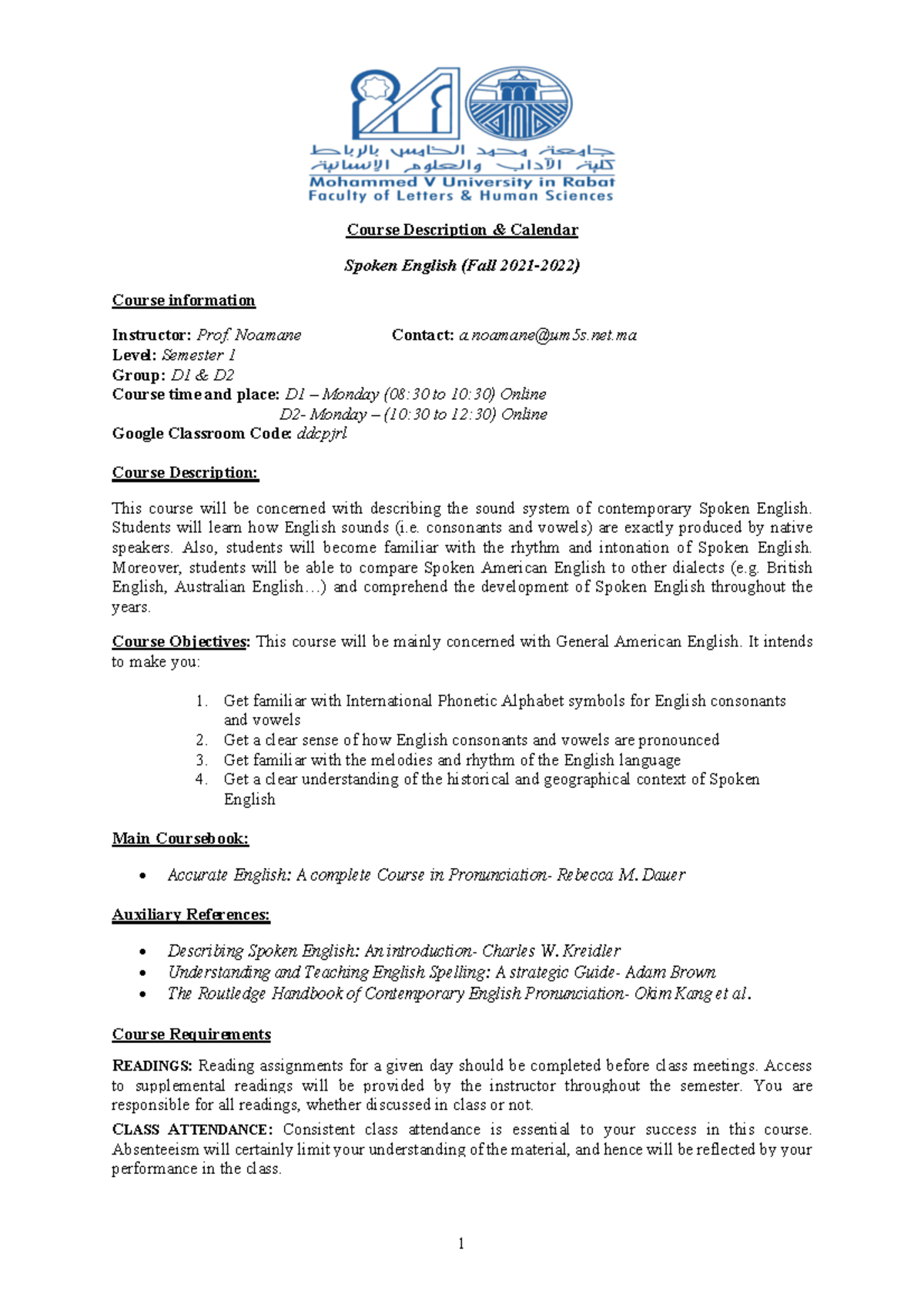 Syllabus- Spoken English Fall - 1 Course Description & Calendar Spoken ...