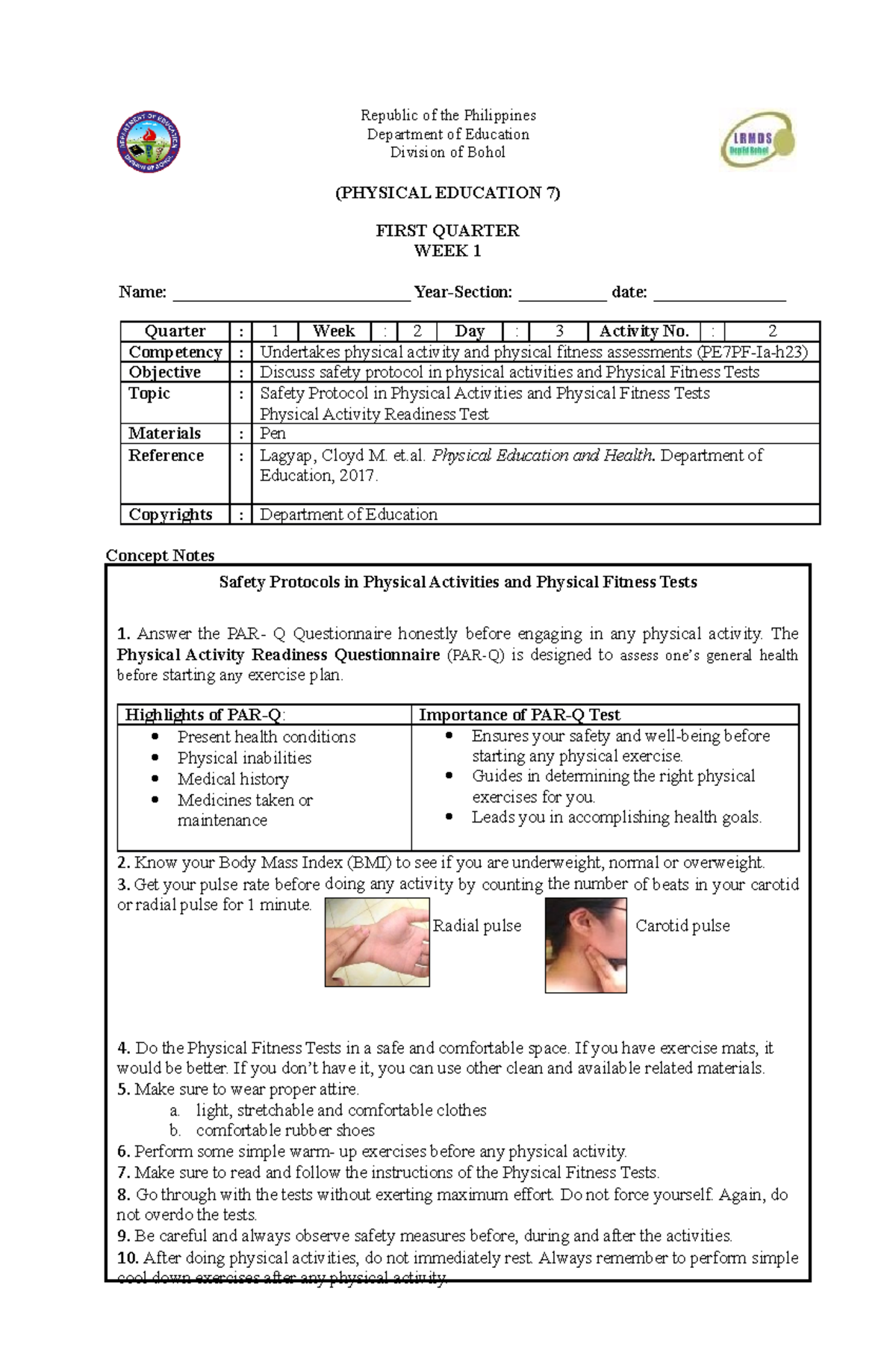 PE7 Q1 Week1-1 - For Modular Learning - Republic Of The Philippines ...