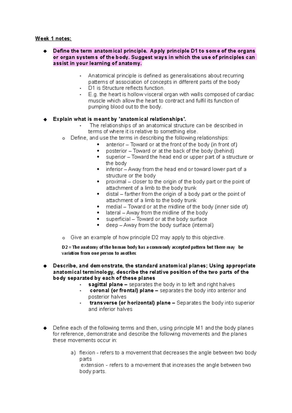 Week 1 notes anatomy - Week 1 notes: Define the term anatomical ...
