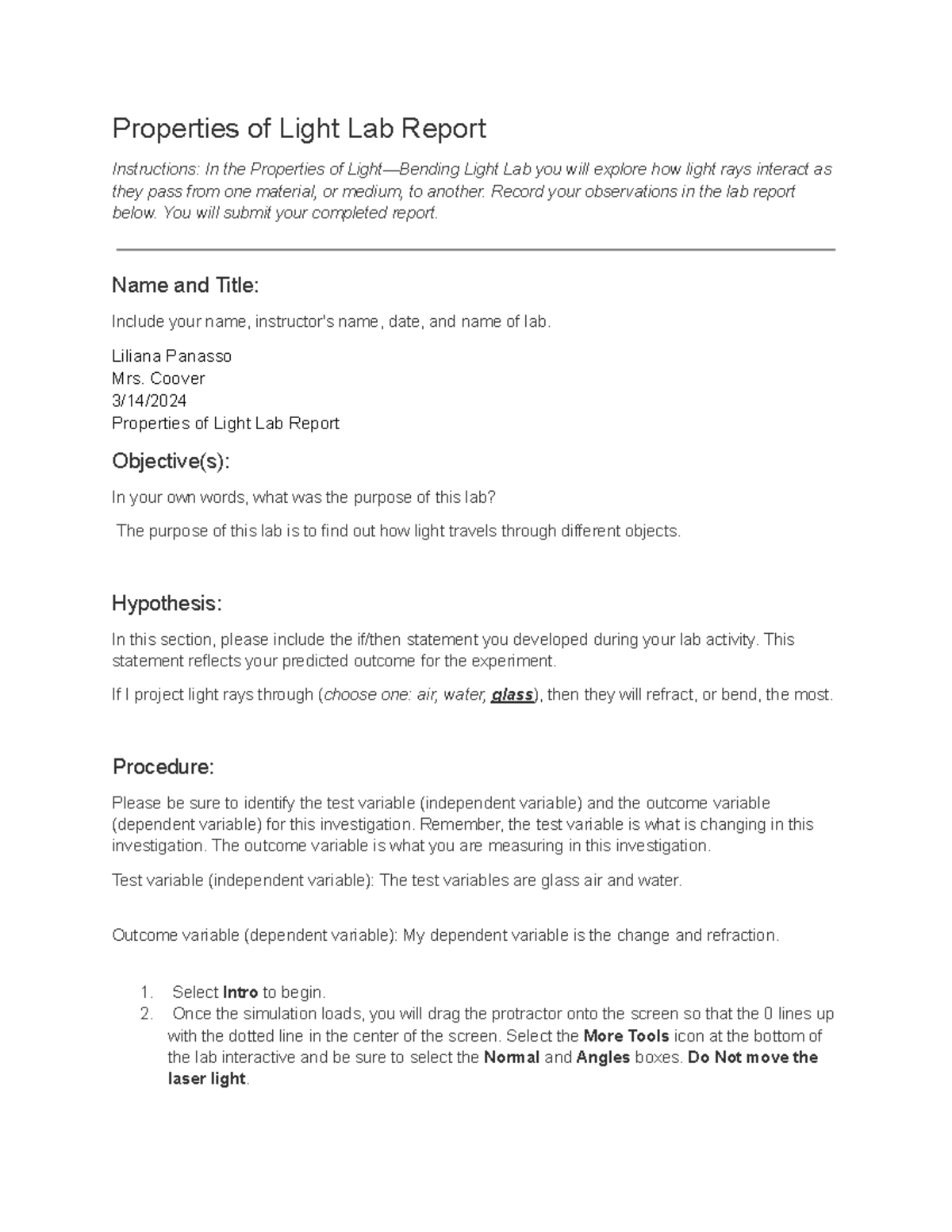 Properties of Light Lab Report Google Docs Properties of Light Lab