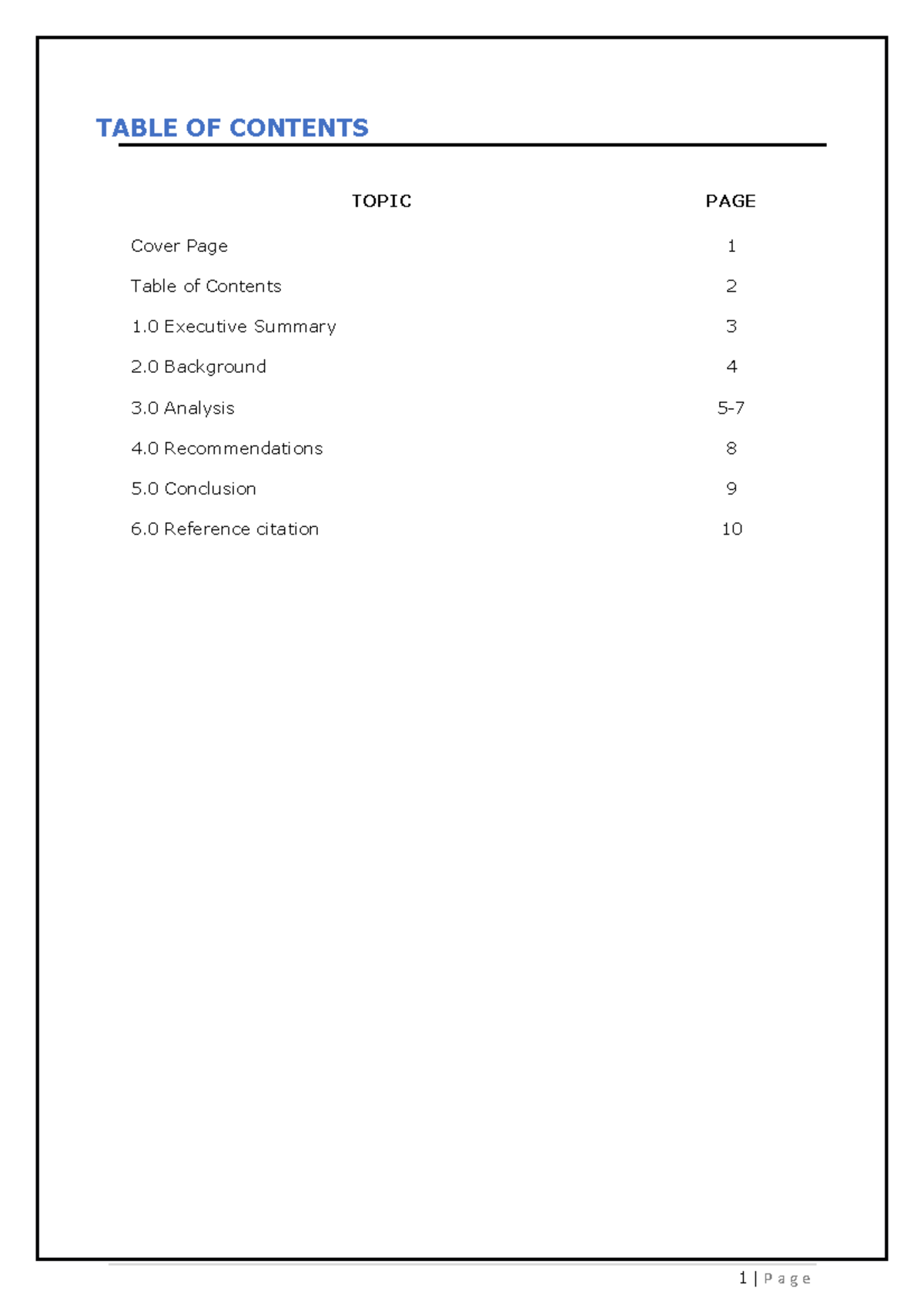 Research Assignment - Table of Contents TABLE OF CONTENTS Cover Page ...