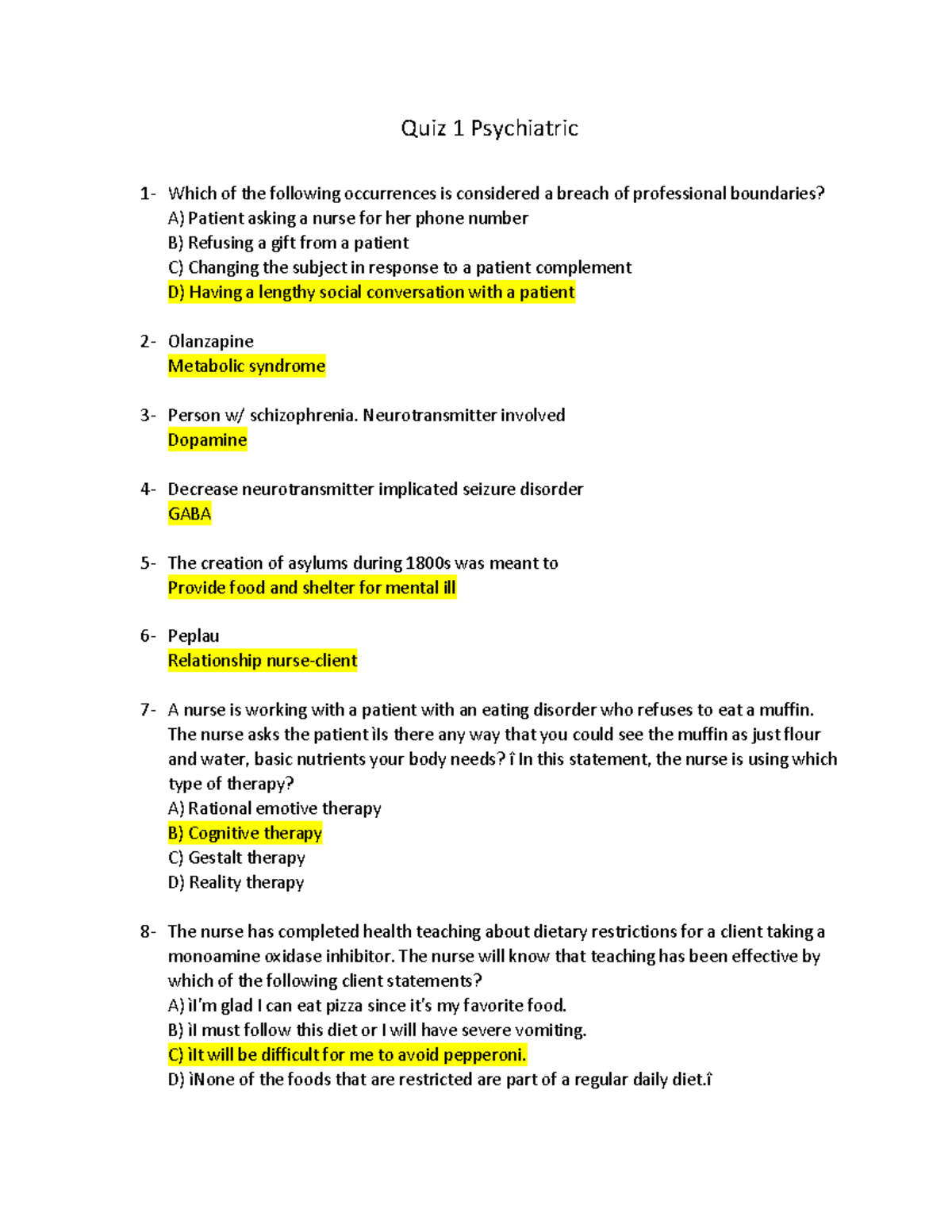 Quiz 1 Psychiatric - Quiz 1 MH - Quiz 1 Psychiatric 1- Which Of The ...