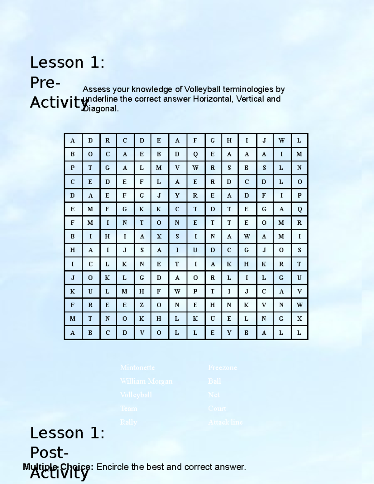 Module 1 & 2 Pre and Post Activity - Lesson 1: Pre- Activity Assess ...